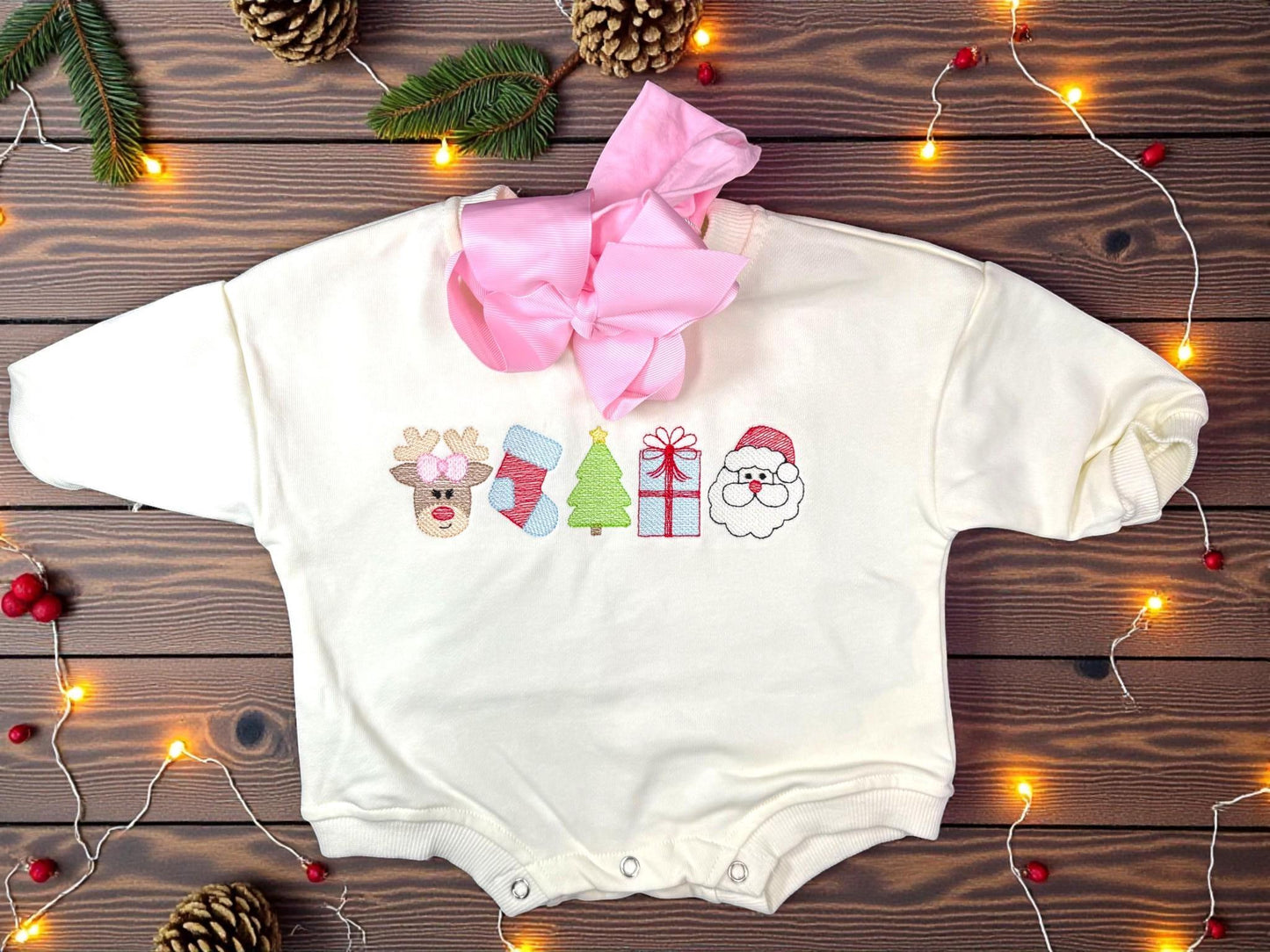 Embroidered Christmas Baby Outfit, Holiday Bubble Romper and Leggings Set