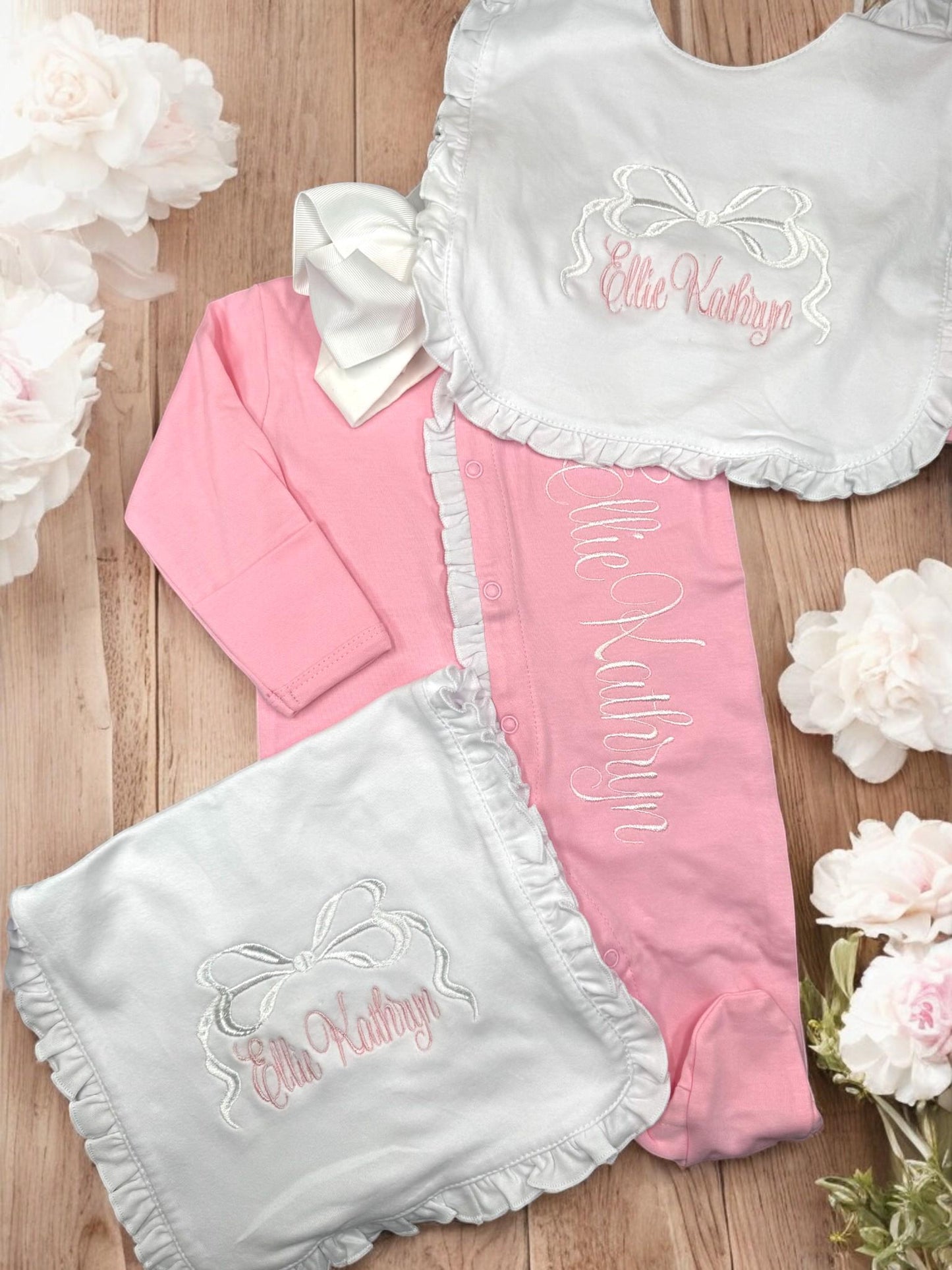 Monogrammed Baby Girl Footie, Pink Ruffle Newborn Outfit