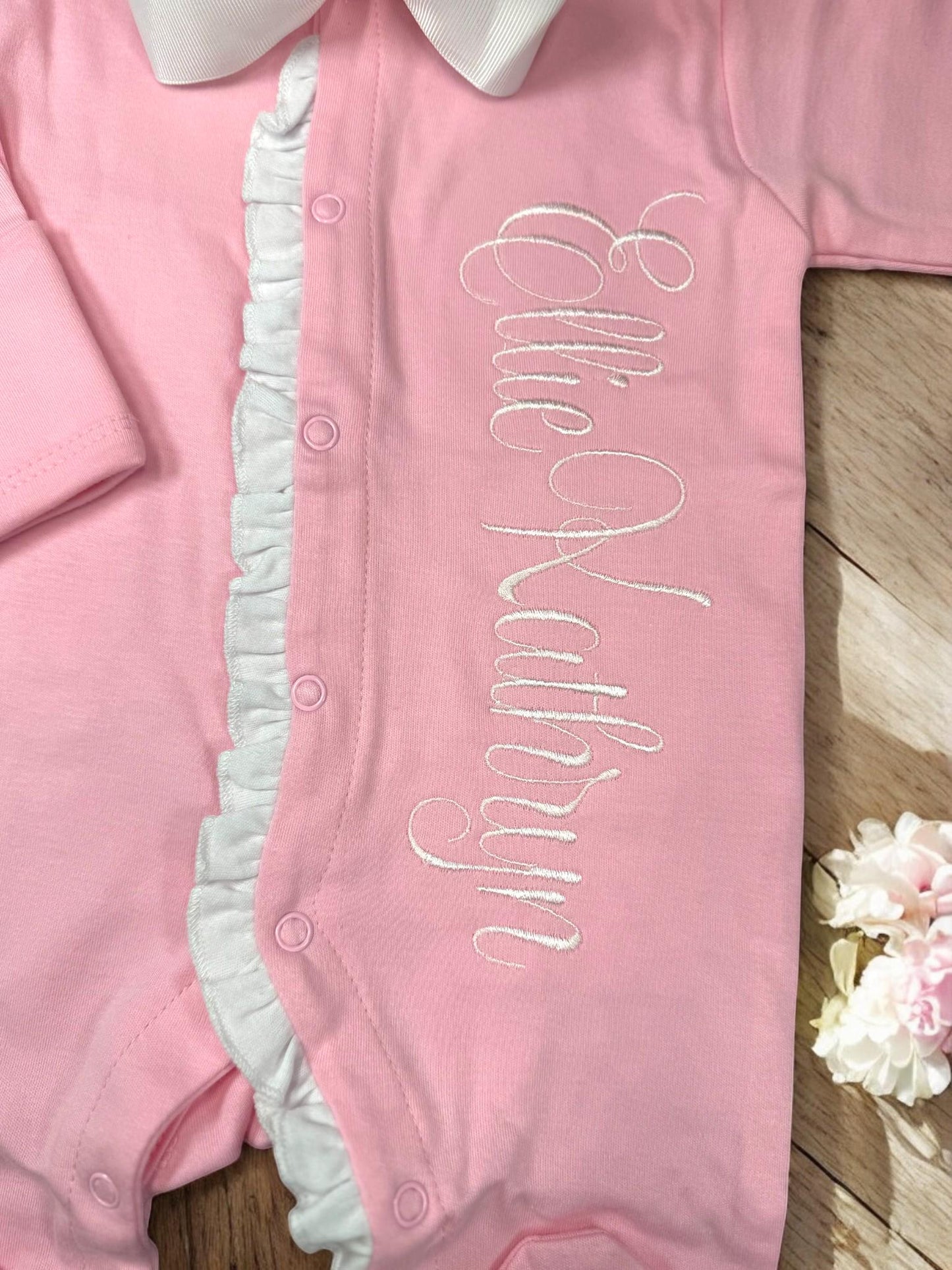 Monogrammed Baby Girl Footie, Pink Ruffle Newborn Outfit