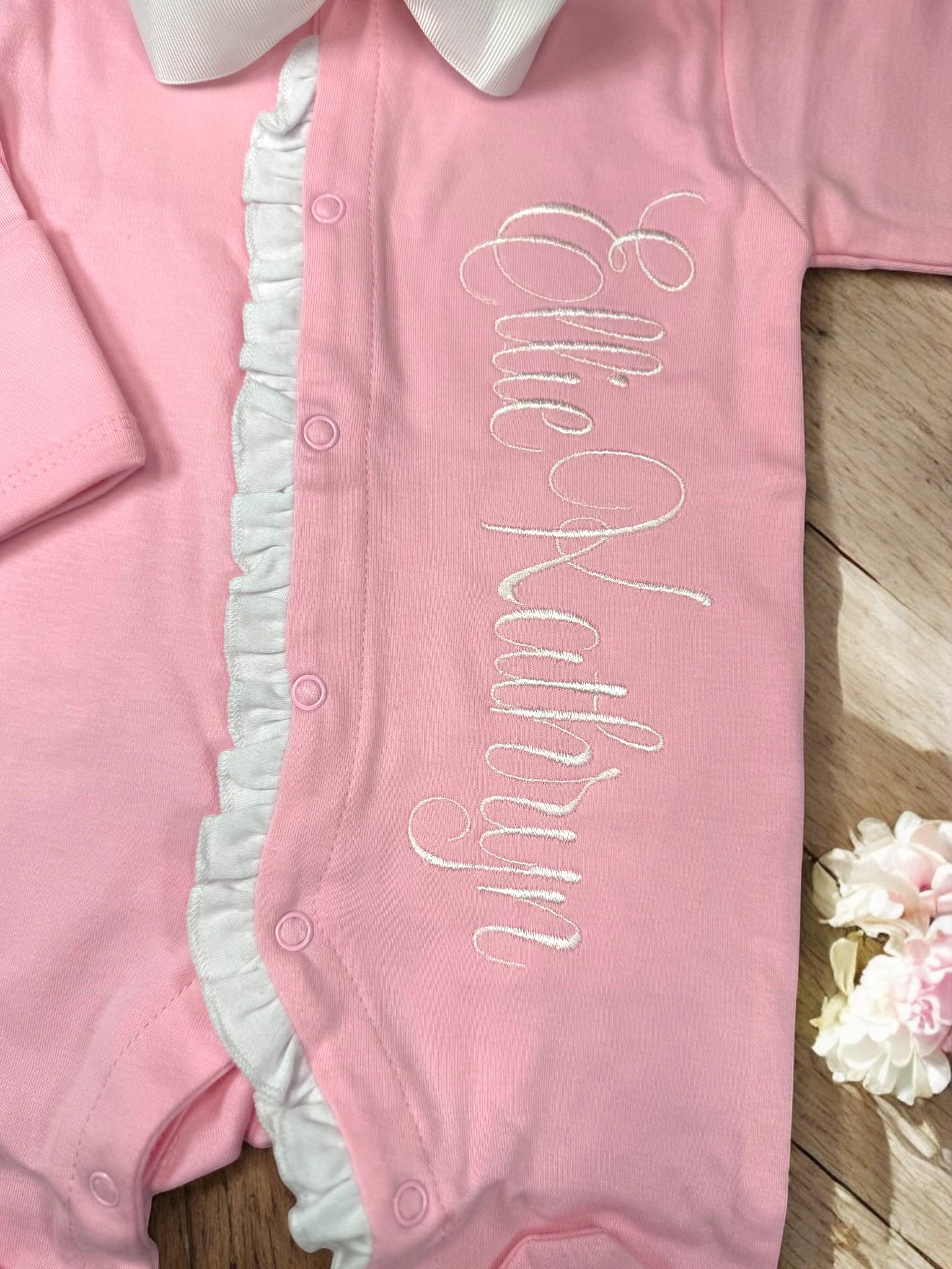 Monogrammed Baby Girl Footie, Pink Ruffle Newborn Outfit