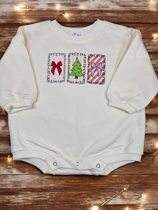 Christmas Embroidered Baby Romper, Long Sleeve Holiday Outfit, Baby’s First Christmas, Christmas Tree & Bows, Bubble, Christmas Pictures