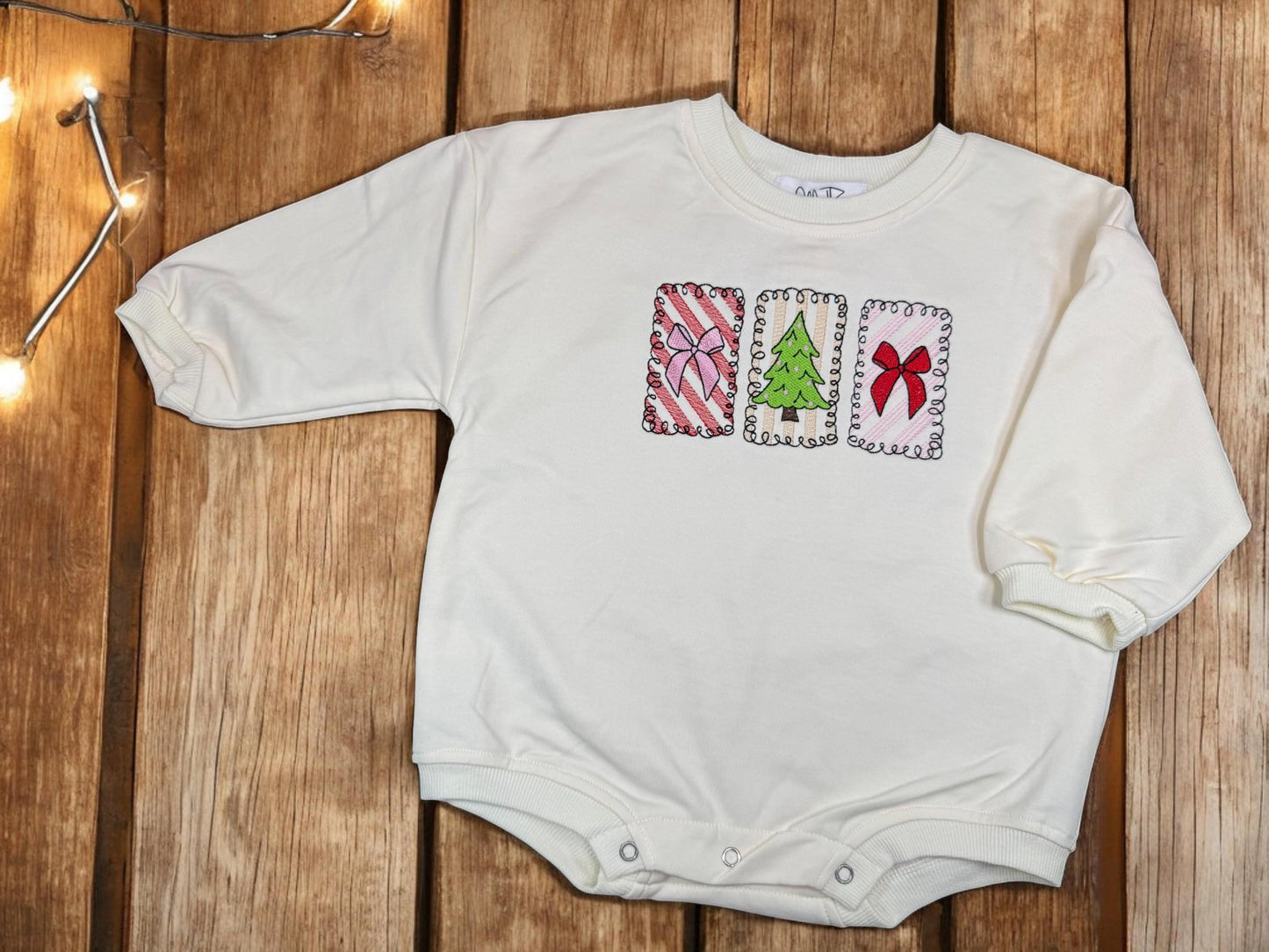 Embroidered Christmas Baby Romper, Long Sleeve Holiday Outfit
