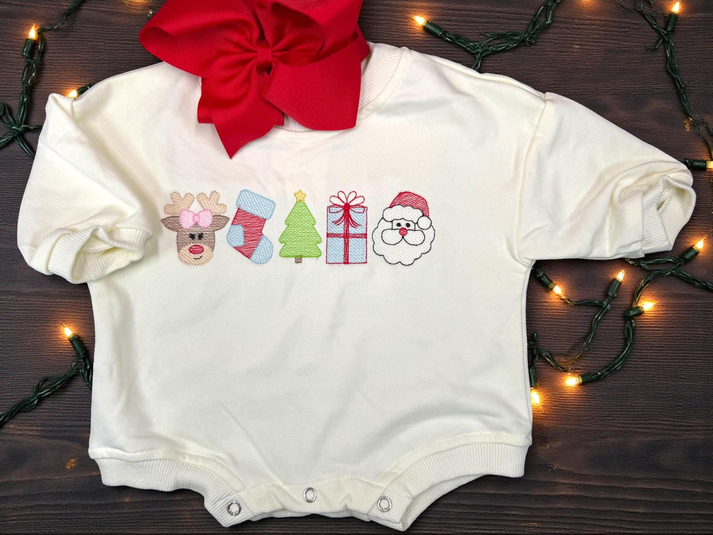 Embroidered Christmas Baby Outfit, Holiday Bubble Romper and Leggings Set