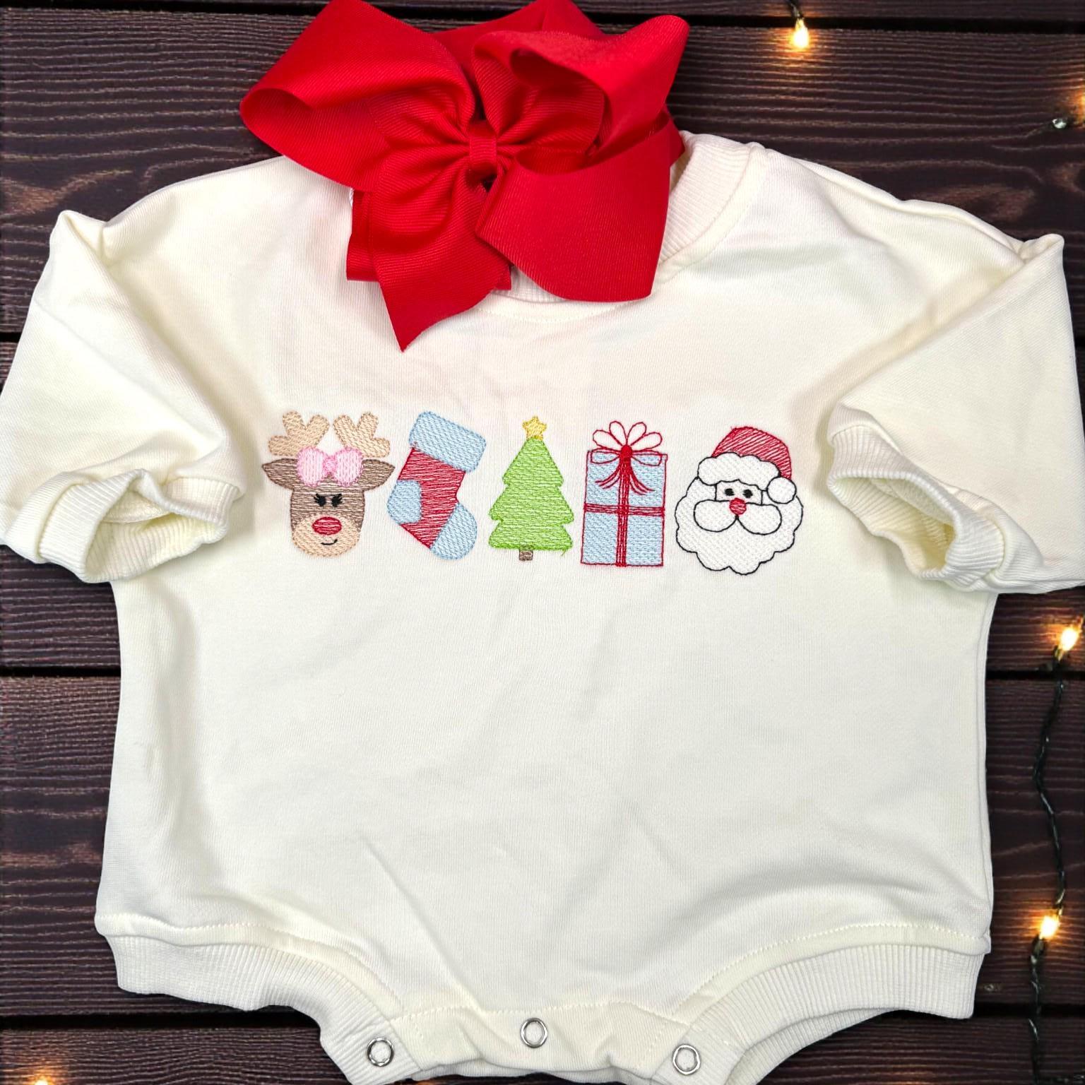 Embroidered Christmas Baby Outfit, Holiday Bubble Romper and Leggings Set