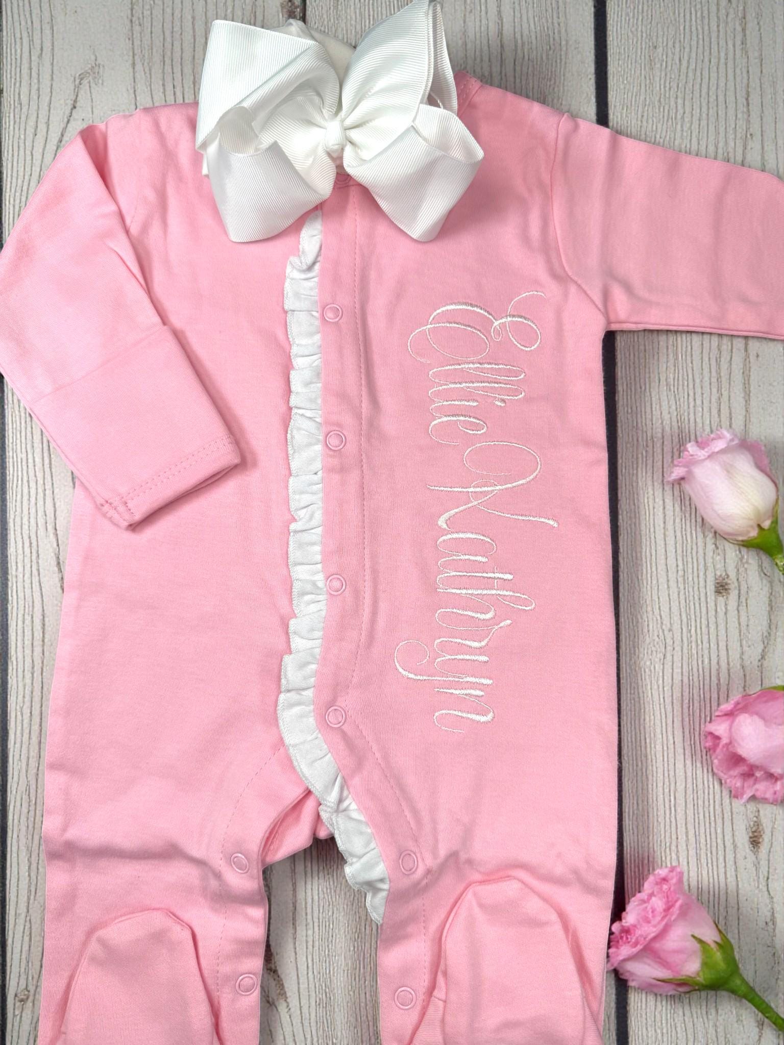 Monogrammed Baby Girl Footie, Pink Ruffle Newborn Outfit