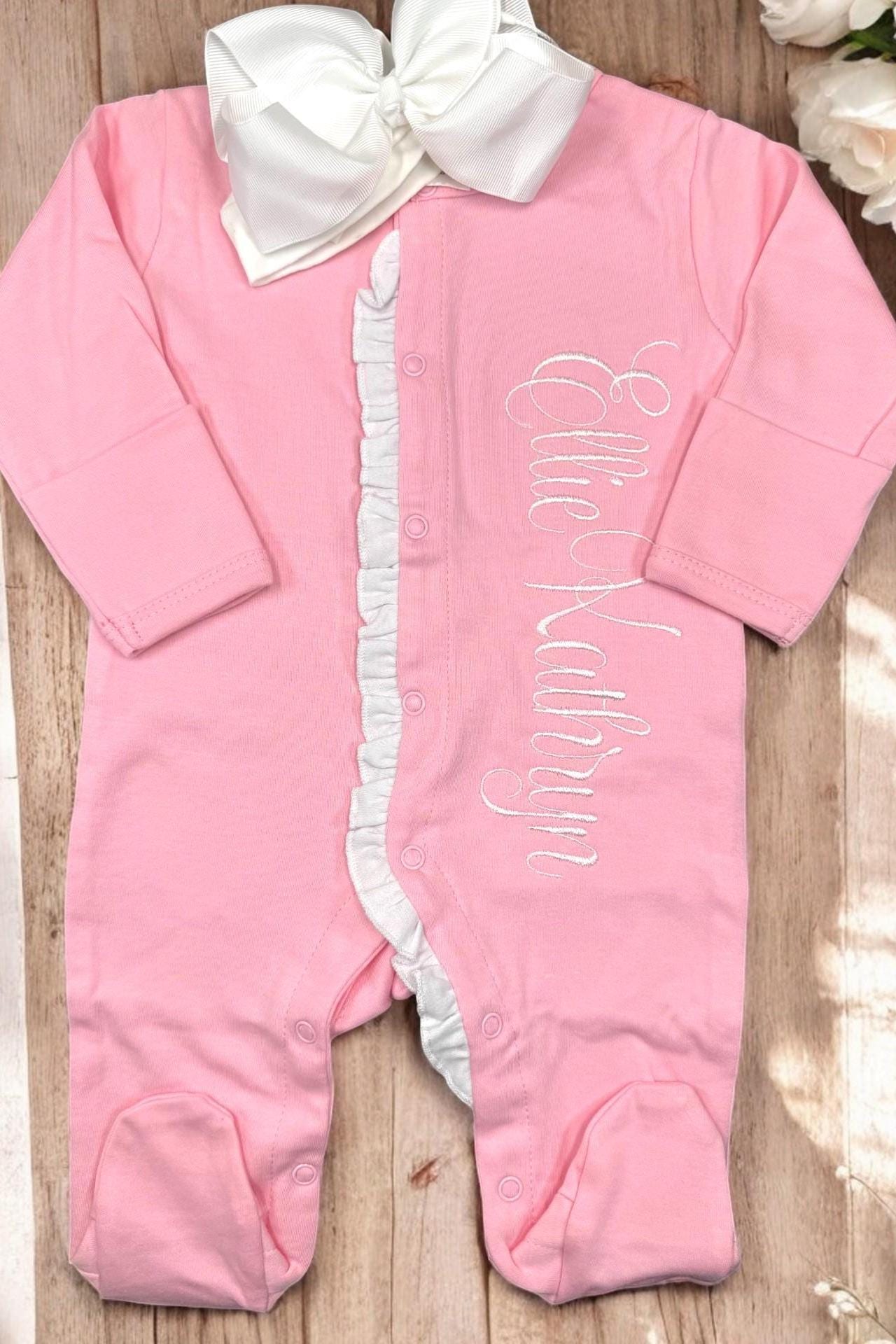 Monogrammed Baby Girl Footie, Pink Ruffle Newborn Outfit