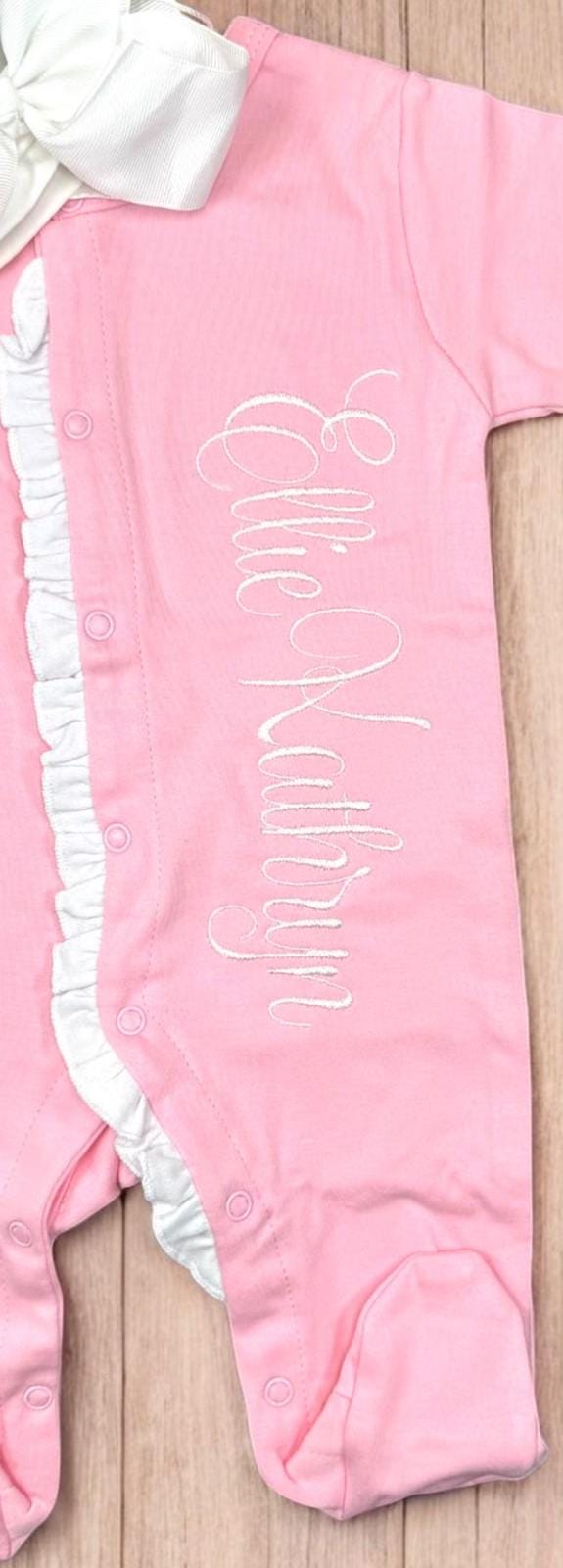 Monogrammed Baby Girl Footie, Pink Ruffle Newborn Outfit