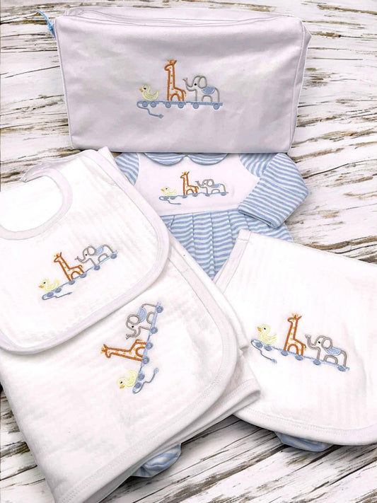 Embroidered Animal Train Baby Romper, Blue Striped Newborn Outfit
