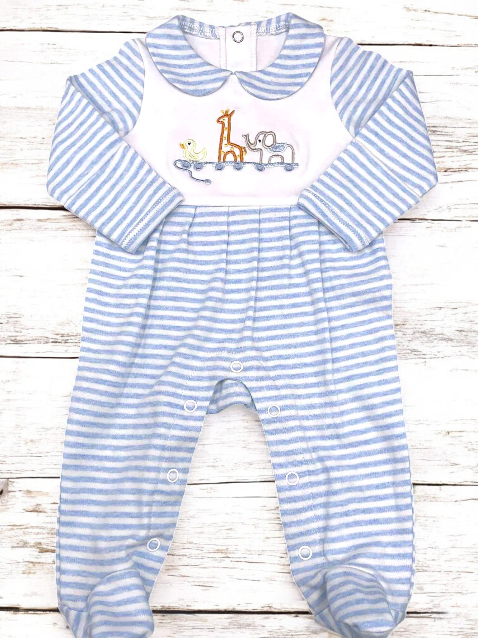 Embroidered Animal Train Baby Romper, Blue Striped Newborn Outfit