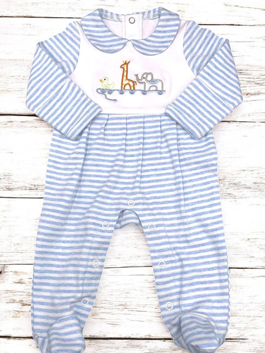 Embroidered Animal Train Baby Romper, Blue Striped Newborn Outfit