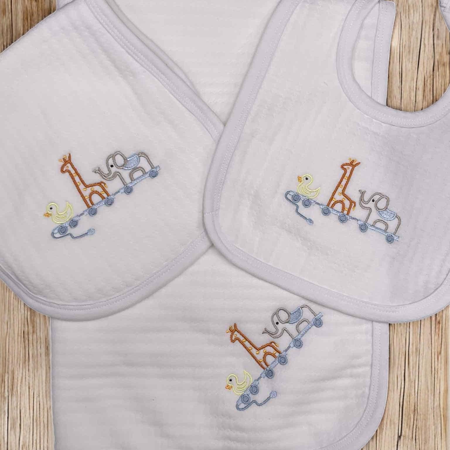 Embroidered Animal Train Baby Romper, Blue Striped Newborn Outfit