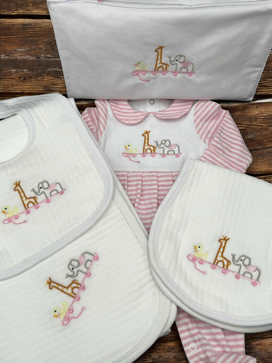 Embroidered Animal Train Baby Romper, Pink Striped Footie, Shower Gift Set