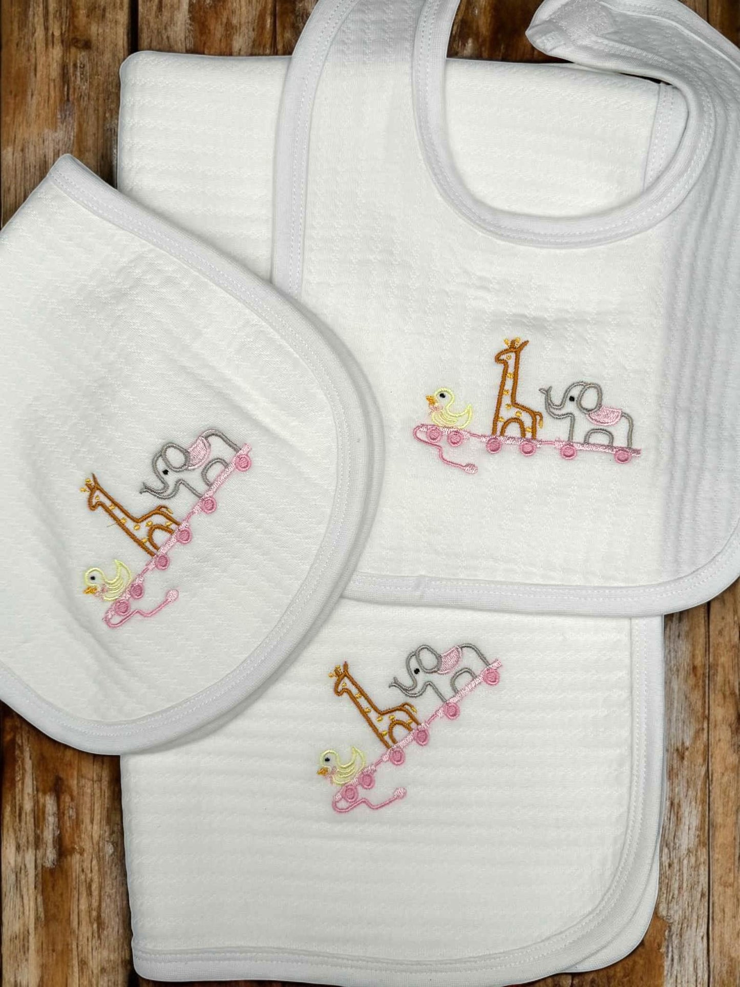 Embroidered Animal Train Baby Romper, Pink Striped Footie, Shower Gift Set
