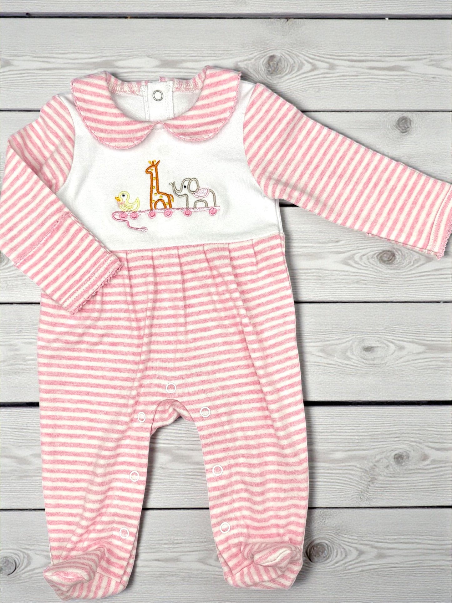 Embroidered Animal Train Baby Romper, Pink Striped Footie, Shower Gift Set
