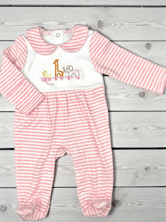 Embroidered Animal Train Baby Romper, Pink Striped Footie, Shower Gift Set