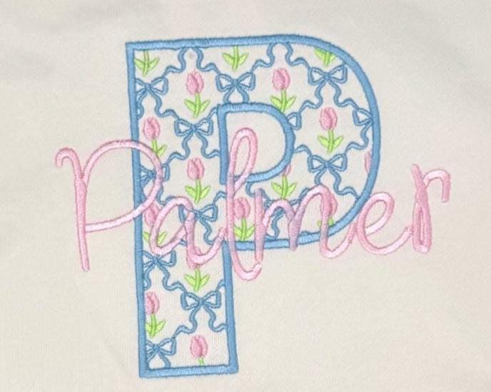 Personalized Embroidered Baby Girl Bubble Romper, Floral Initial Monogram