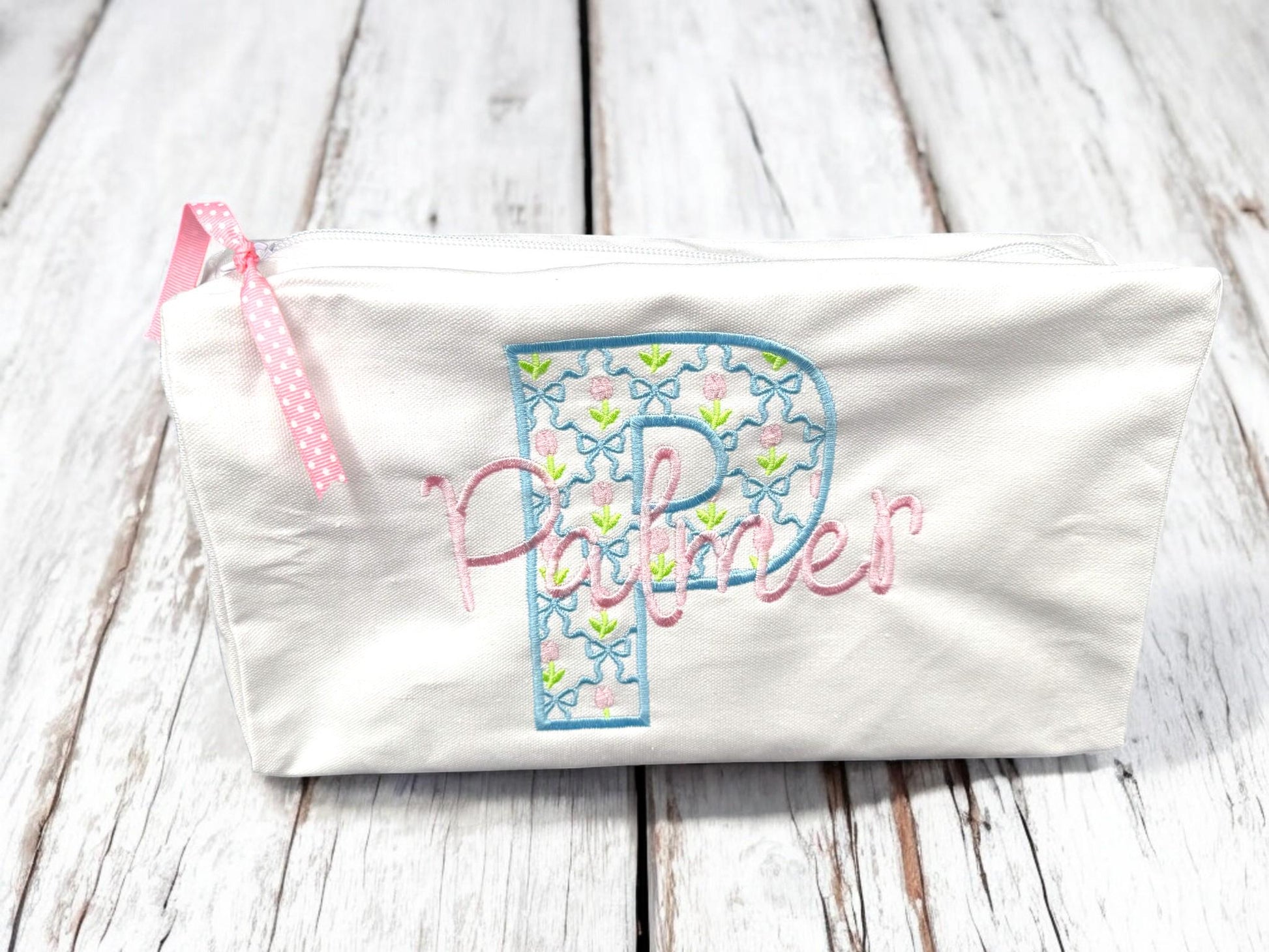 Embroidered Monogrammed Zipper Bag, Cosmetic Bag, Personalized Baby Gift,