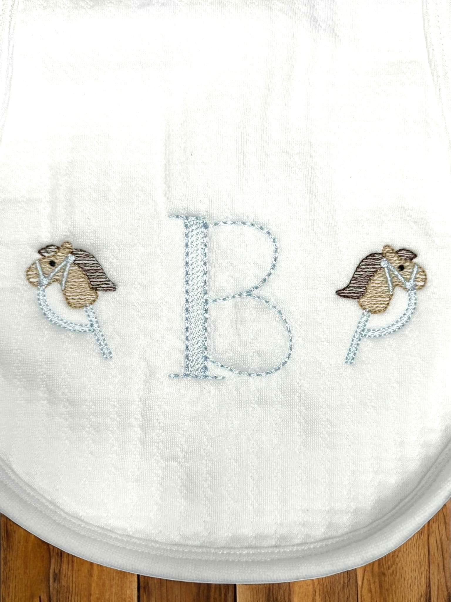 Personalized Baby Boy Romper, Blue Stripe, Stick Horse Embroidery