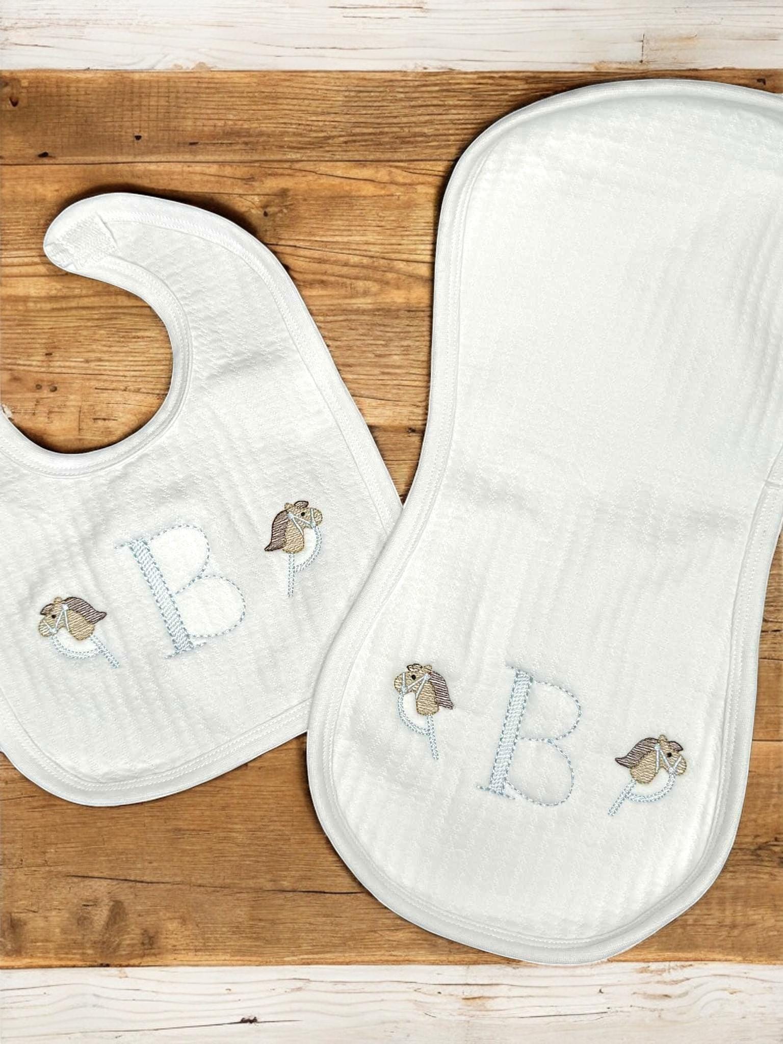 Personalized Baby Boy Romper, Blue Stripe, Stick Horse Embroidery