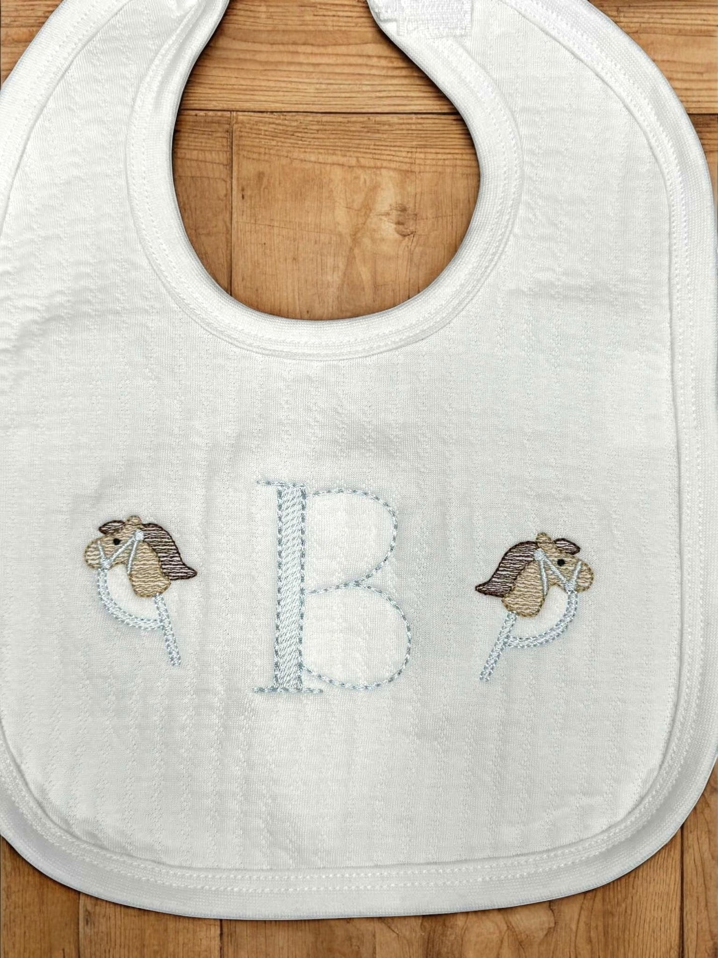 Personalized Baby Boy Romper, Blue Stripe, Stick Horse Embroidery