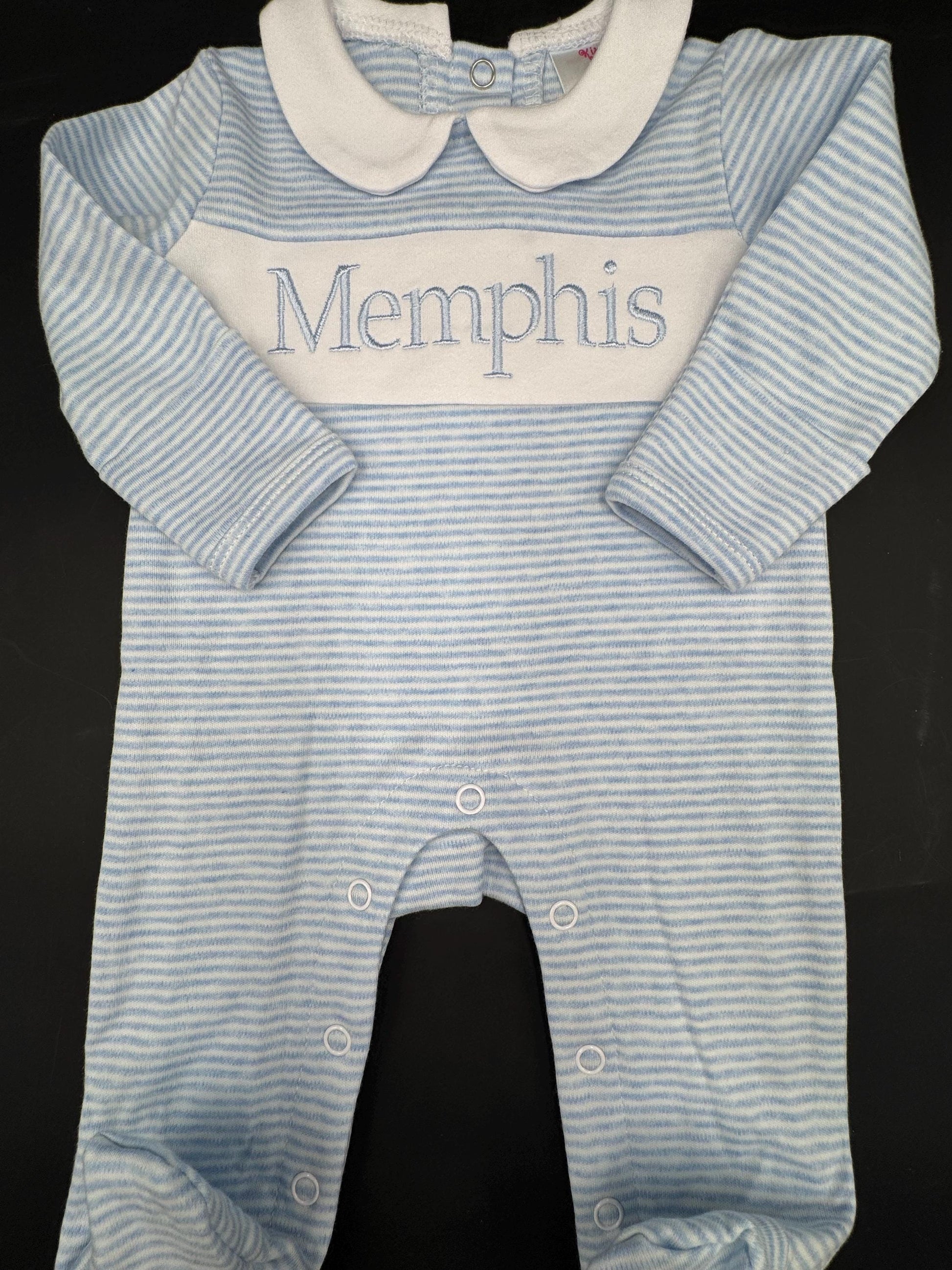 Personalized Blue Stripe Baby Romper | Embroidered Name | Classic Baby Boy Outfit | Coming Home Outfit | Baby Shower Gift