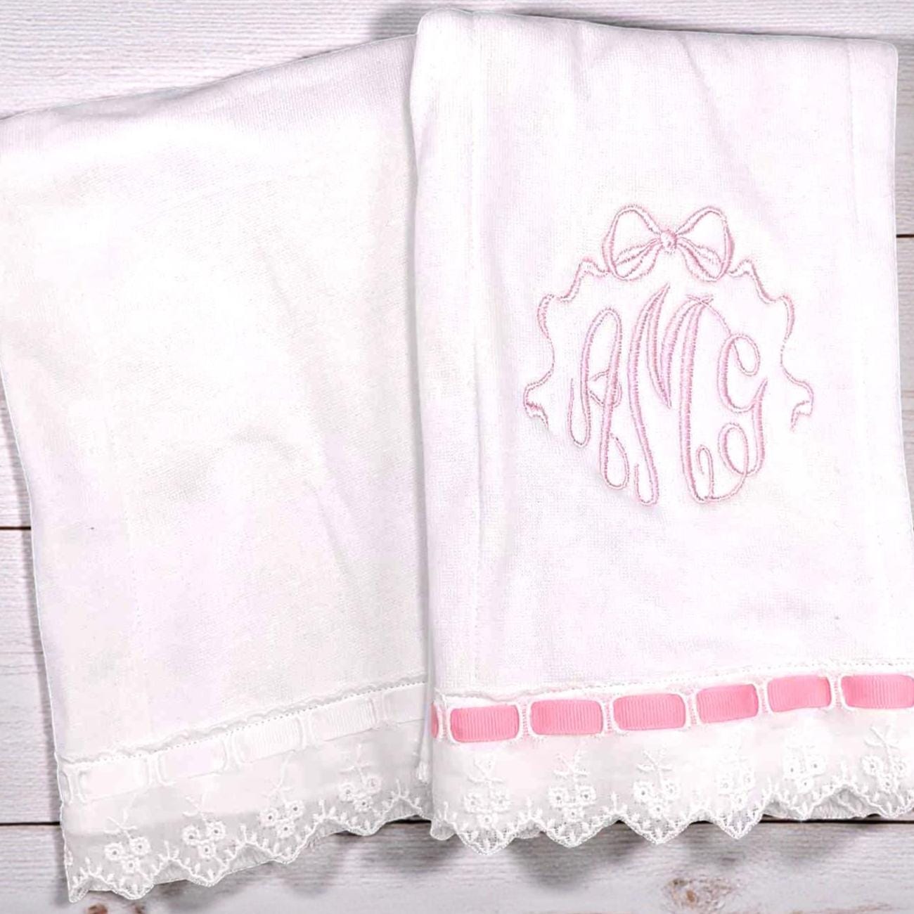 Personalized Christening Burp Cloth, Pink Lace Trim, Embroidered Monogram