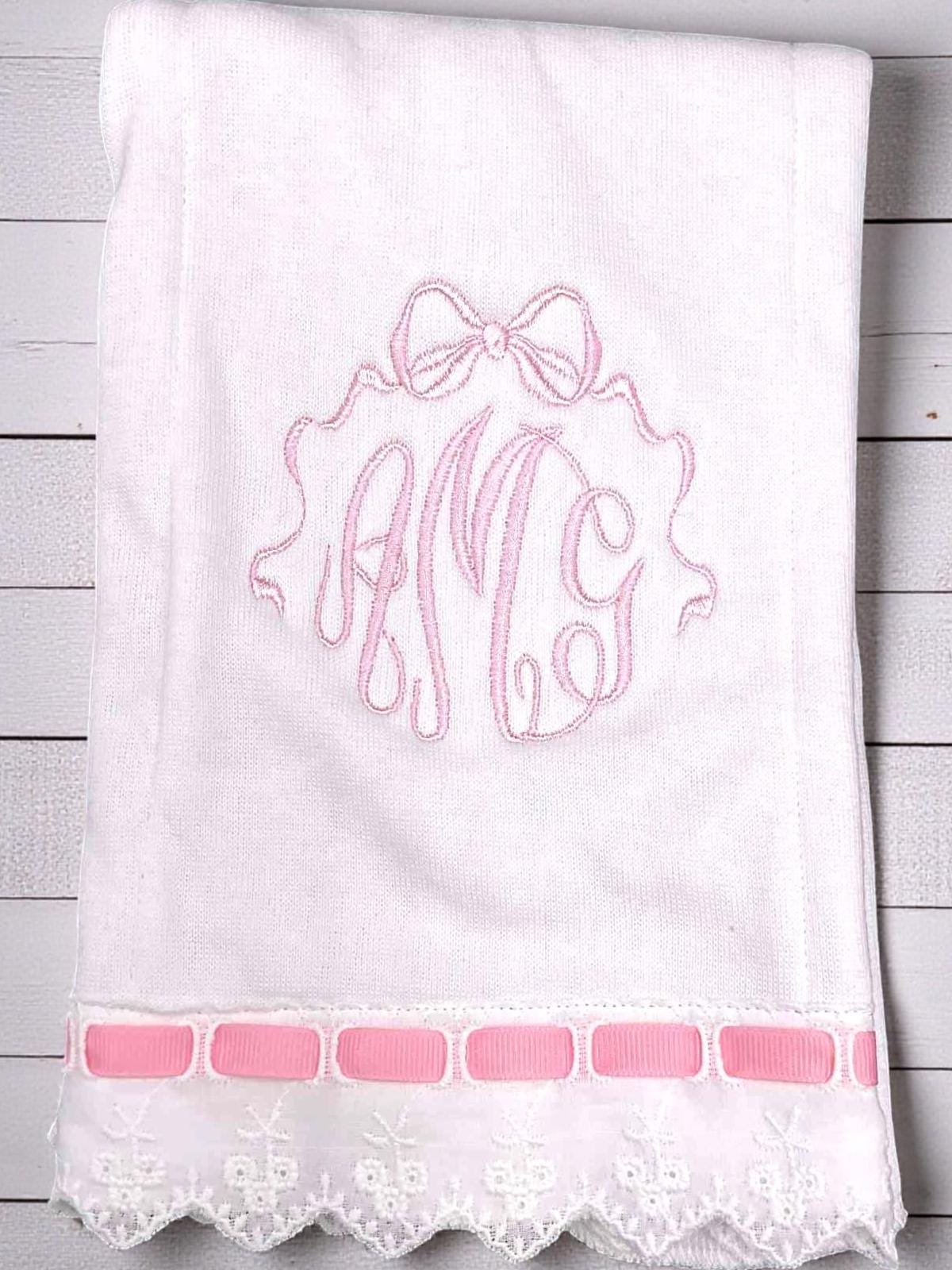 Personalized Christening Burp Cloth, Pink Lace Trim, Embroidered Monogram