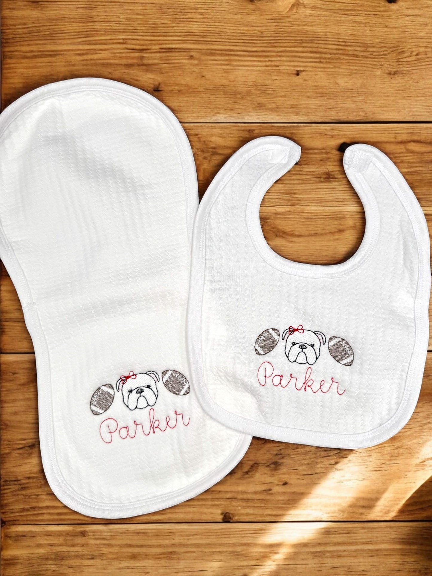 Bulldog Baby Outfit Gift Set: Embroidered Gameday Football Romper, Bib, Blanket