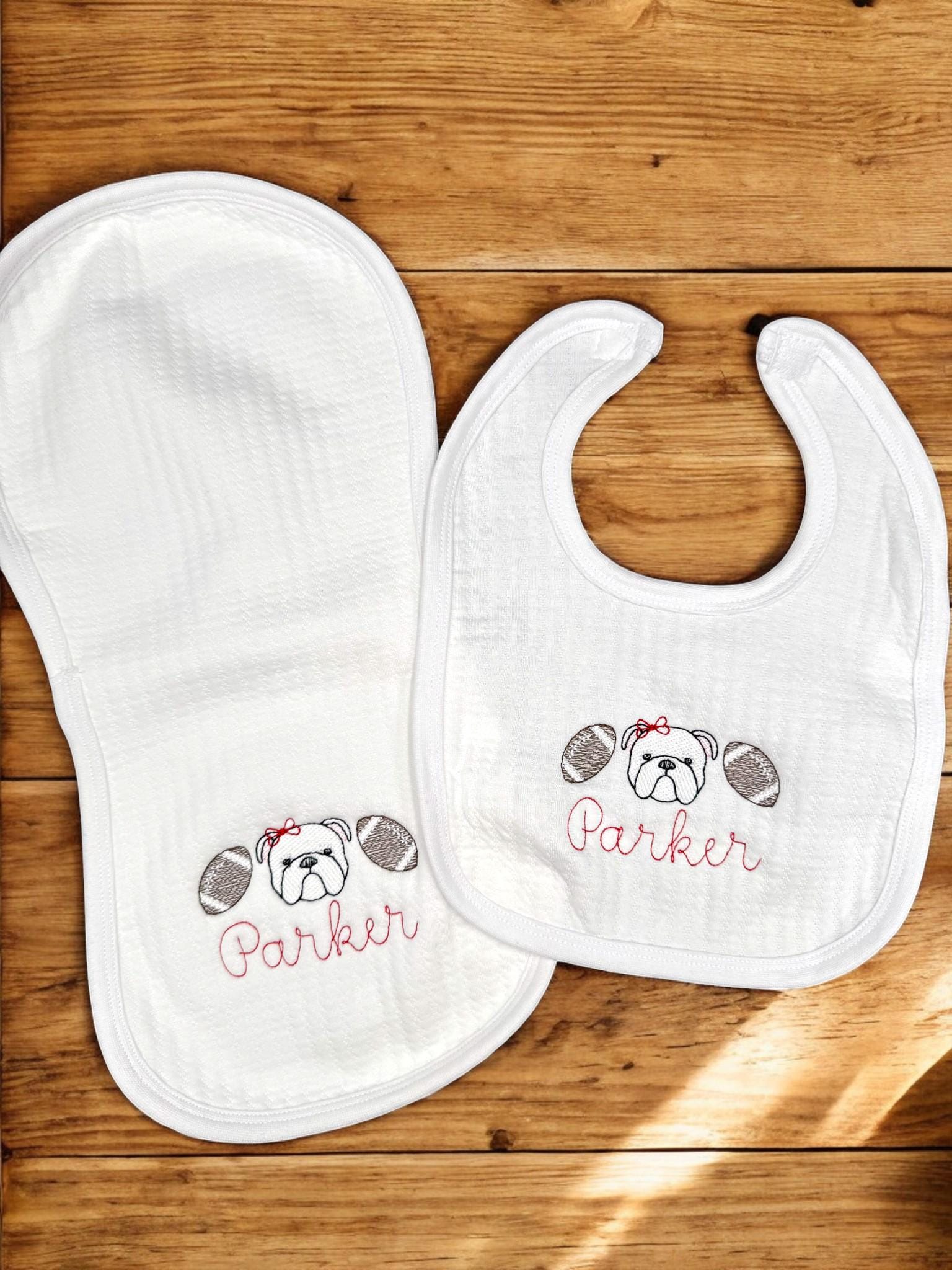 Bulldog Baby Outfit Gift Set: Embroidered Gameday Football Romper, Bib, Blanket