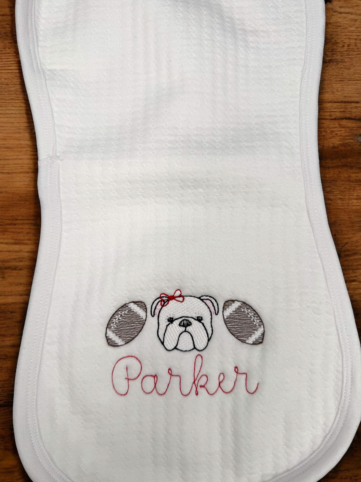 Bulldog Baby Outfit Gift Set: Embroidered Gameday Football Romper, Bib, Blanket