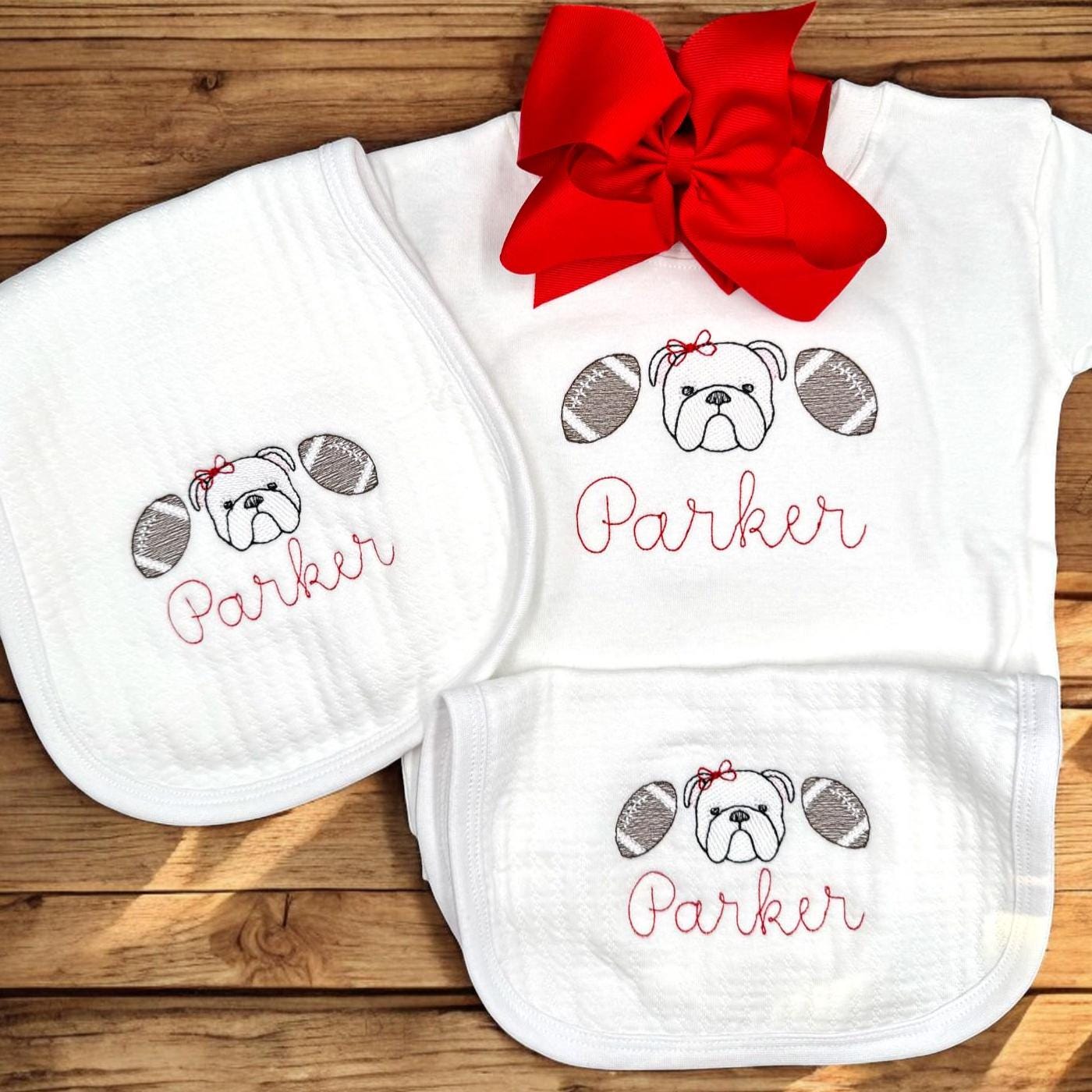Bulldog Baby Outfit Gift Set: Embroidered Gameday Football Romper, Bib, Blanket