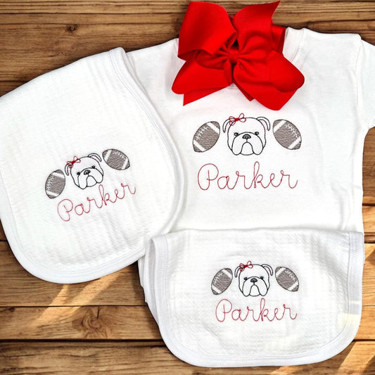 Bulldog Baby Outfit Gift Set: Embroidered Gameday Football Romper, Bib, Blanket