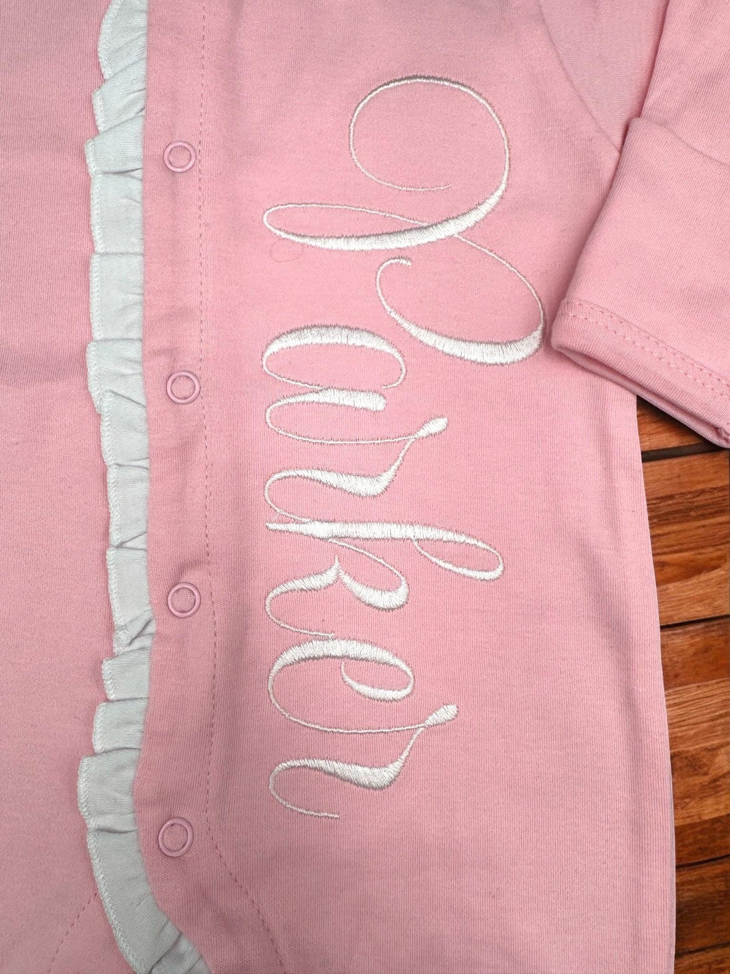 Monogrammed Baby Girl Footie, Pink Ruffle Newborn Outfit