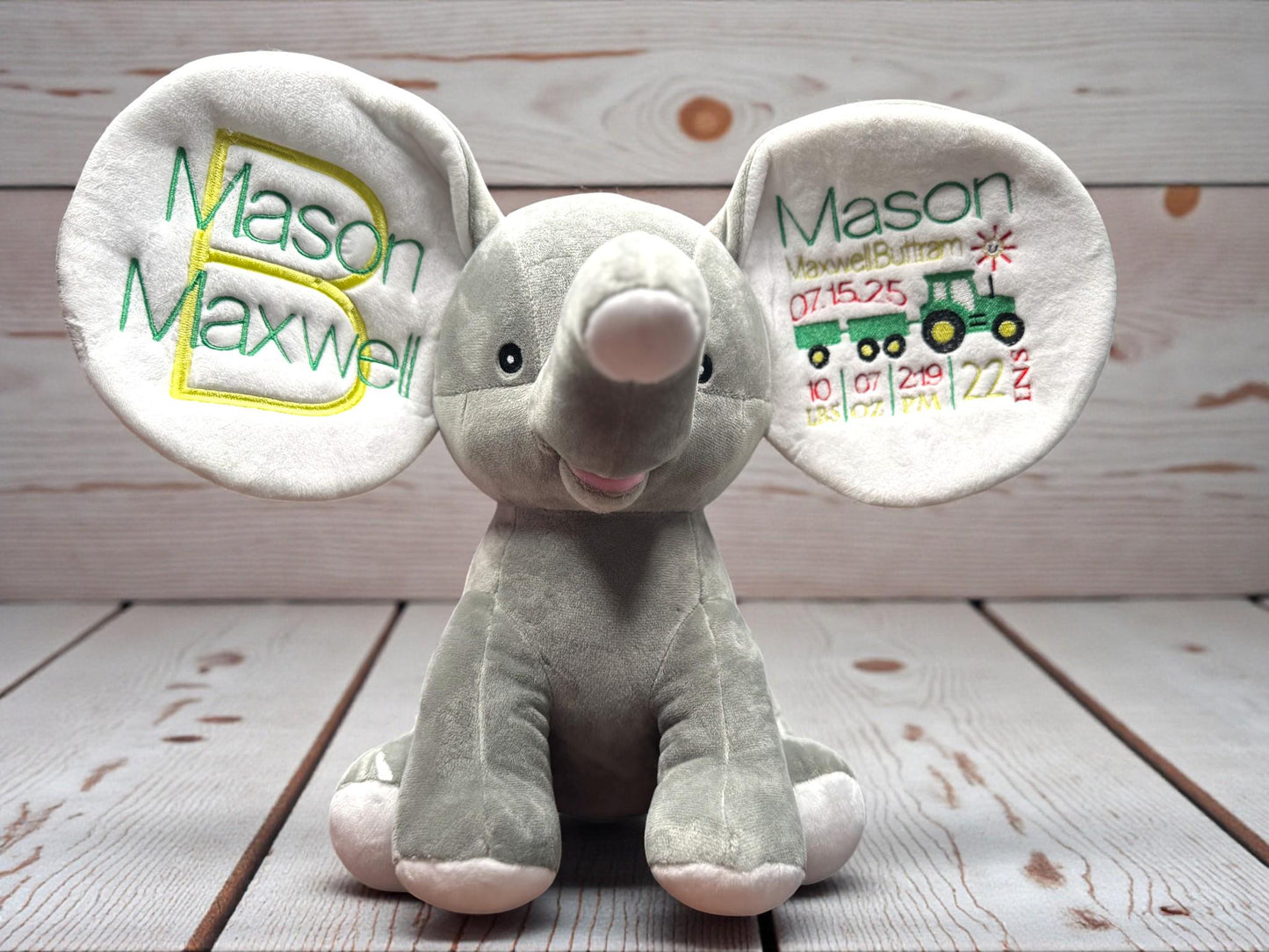 Personalized Farm Elephant Plush | Tractor Baby Keepsake | Embroidered Birth Stats | Little Farmer Nursery Gift