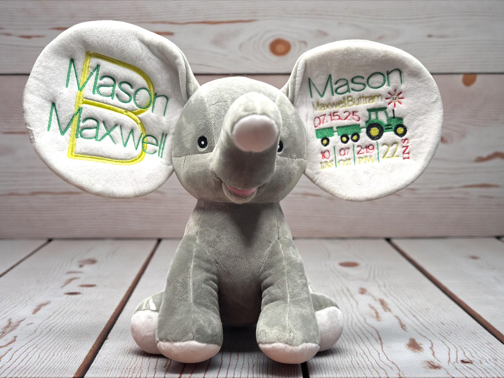 Personalized Farm Elephant Plush | Tractor Baby Keepsake | Embroidered Birth Stats | Little Farmer Nursery Gift