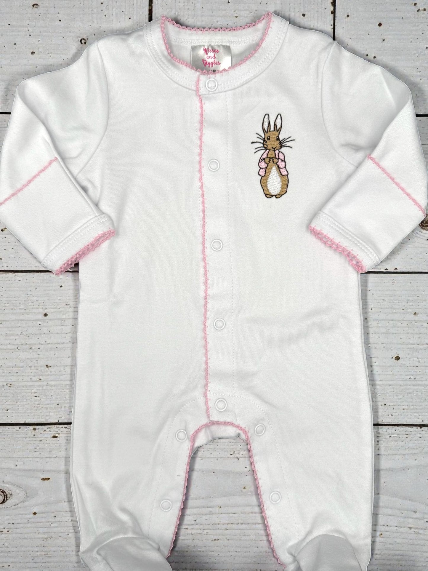 Monogram Baby Girl Footie, Embroidered Bunny, Pink Picot Trim, Coming Home Outfit
