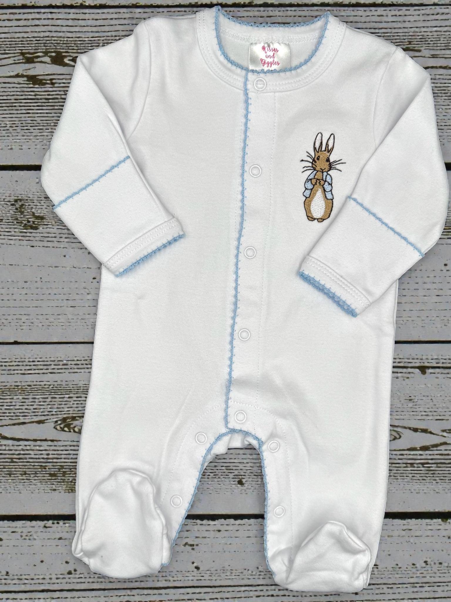 Monogram Baby Boy Footie, Embroidered Bunny, Blue Picot Trim, Coming Home Outfit