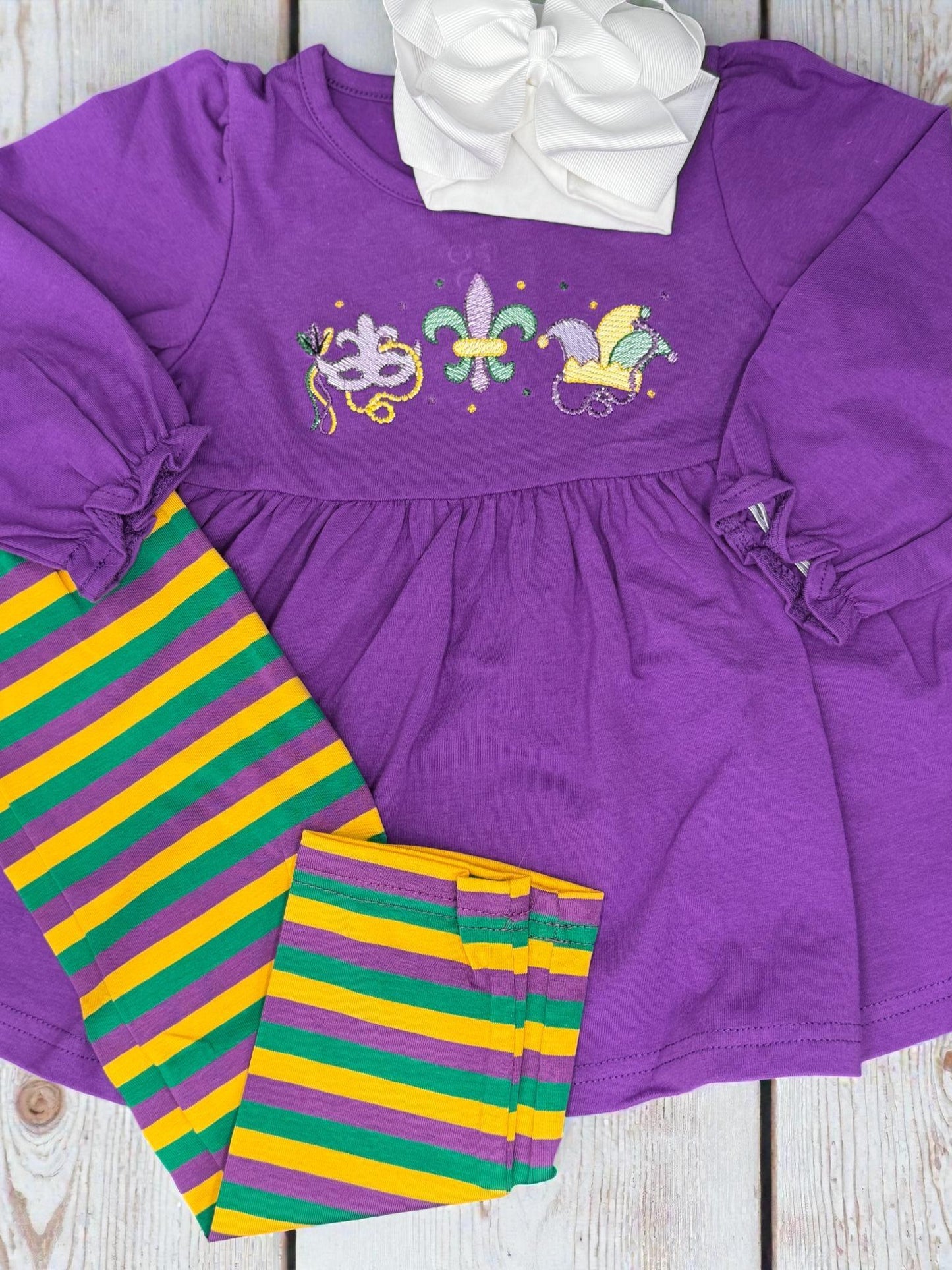 Embroidered Mardi Gras Tunic Set, Purple Dress & Striped Leggings