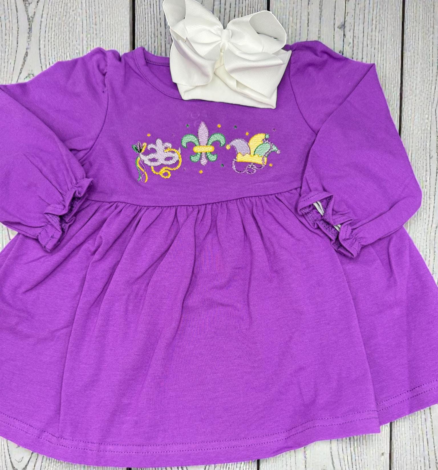 Embroidered Mardi Gras Tunic Set, Purple Dress & Striped Leggings