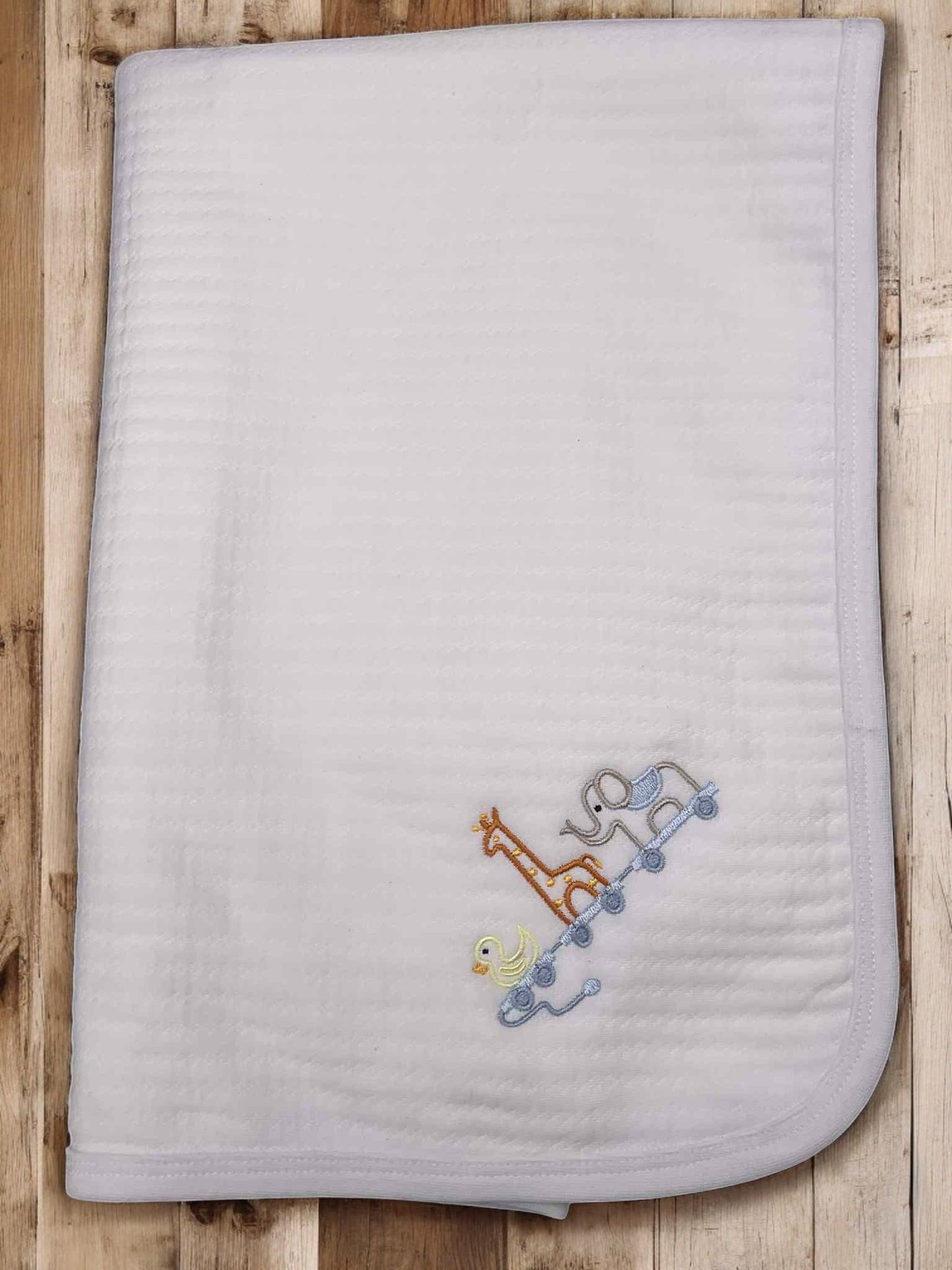 Embroidered Animal Train Baby Romper, Blue Striped Newborn Outfit