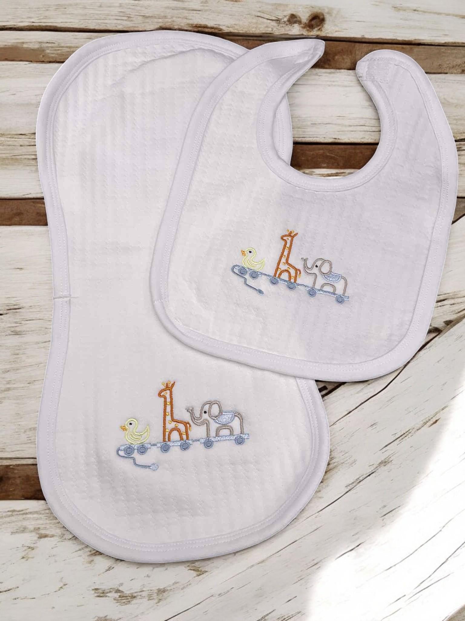Embroidered Animal Train Baby Romper, Blue Striped Newborn Outfit