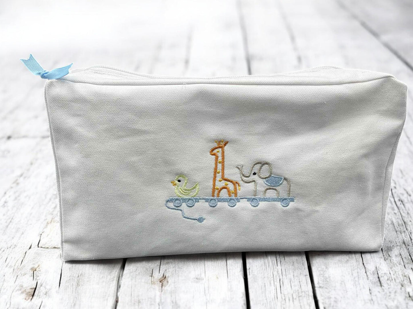 Embroidered Animal Train Baby Romper, Blue Striped Newborn Outfit