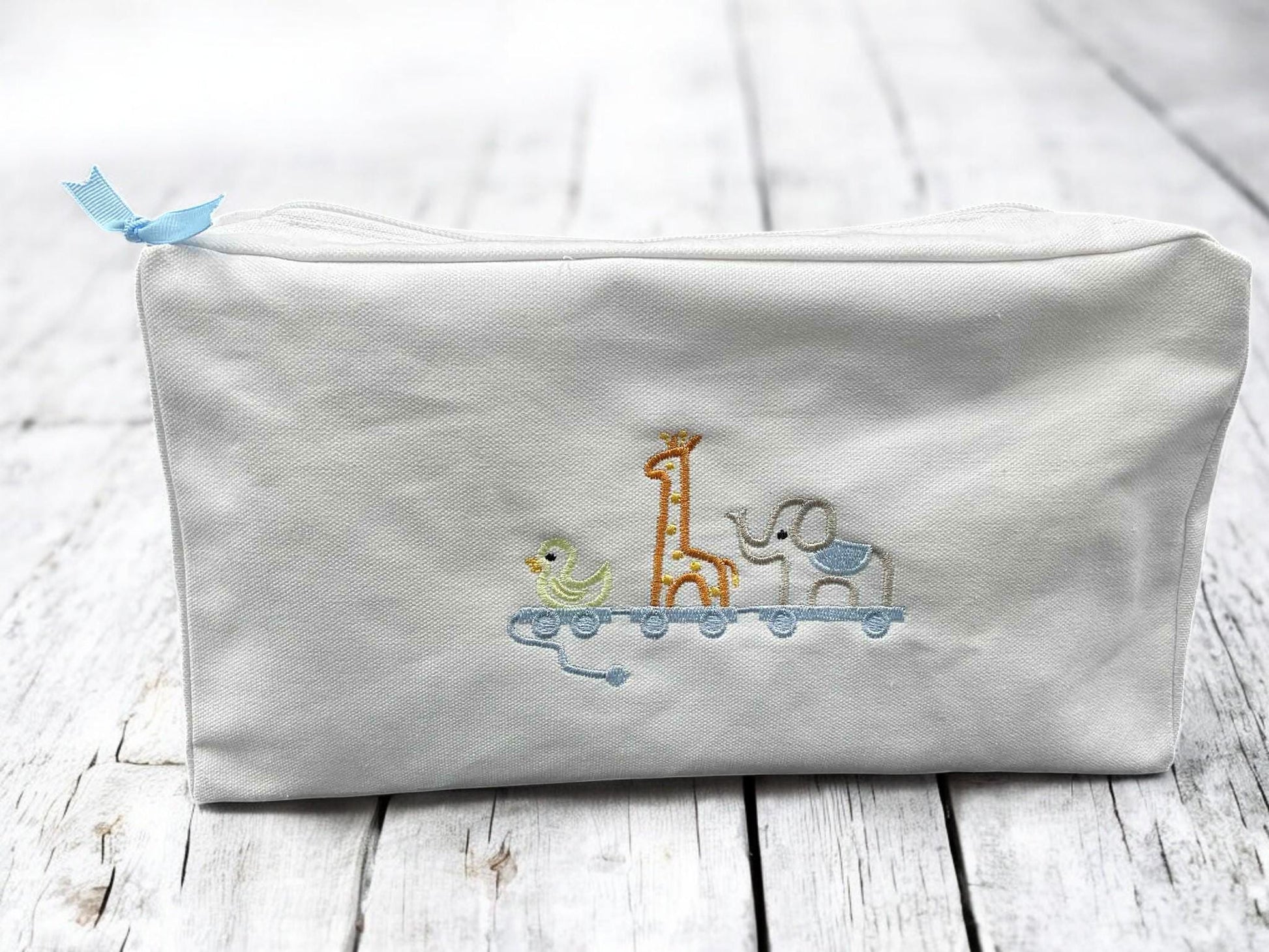 Embroidered Animal Train Baby Romper, Blue Striped Newborn Outfit