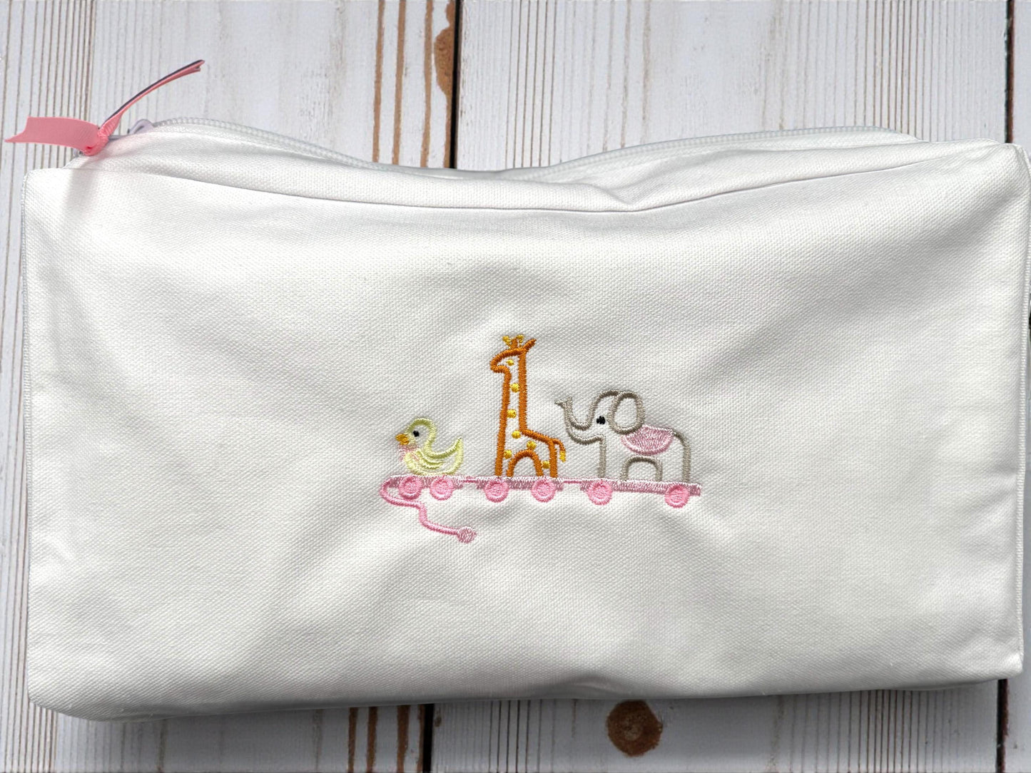 Embroidered Animal Train Baby Romper, Pink Striped Footie, Shower Gift Set