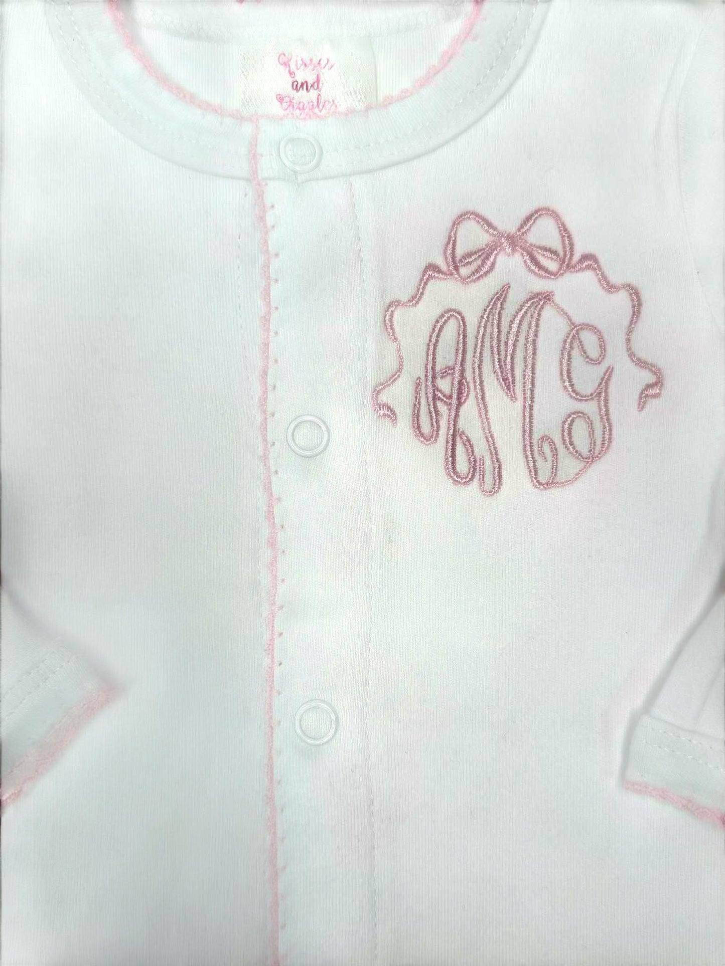 Personalized Baby Girl Footed Romper, Pink Picot Trim, Coming Home Outfit