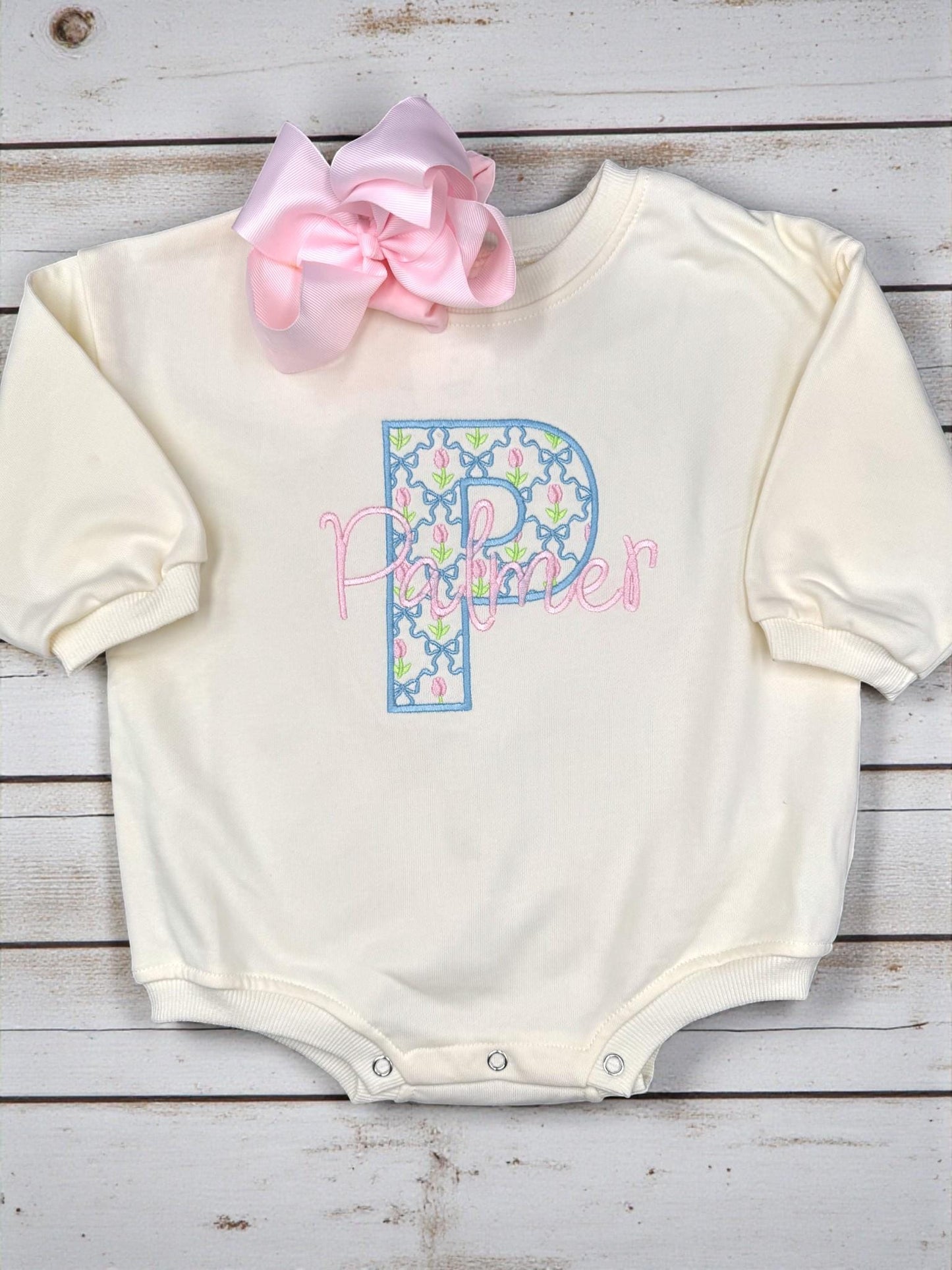 Personalized Embroidered Baby Girl Bubble Romper, Floral Initial Monogram