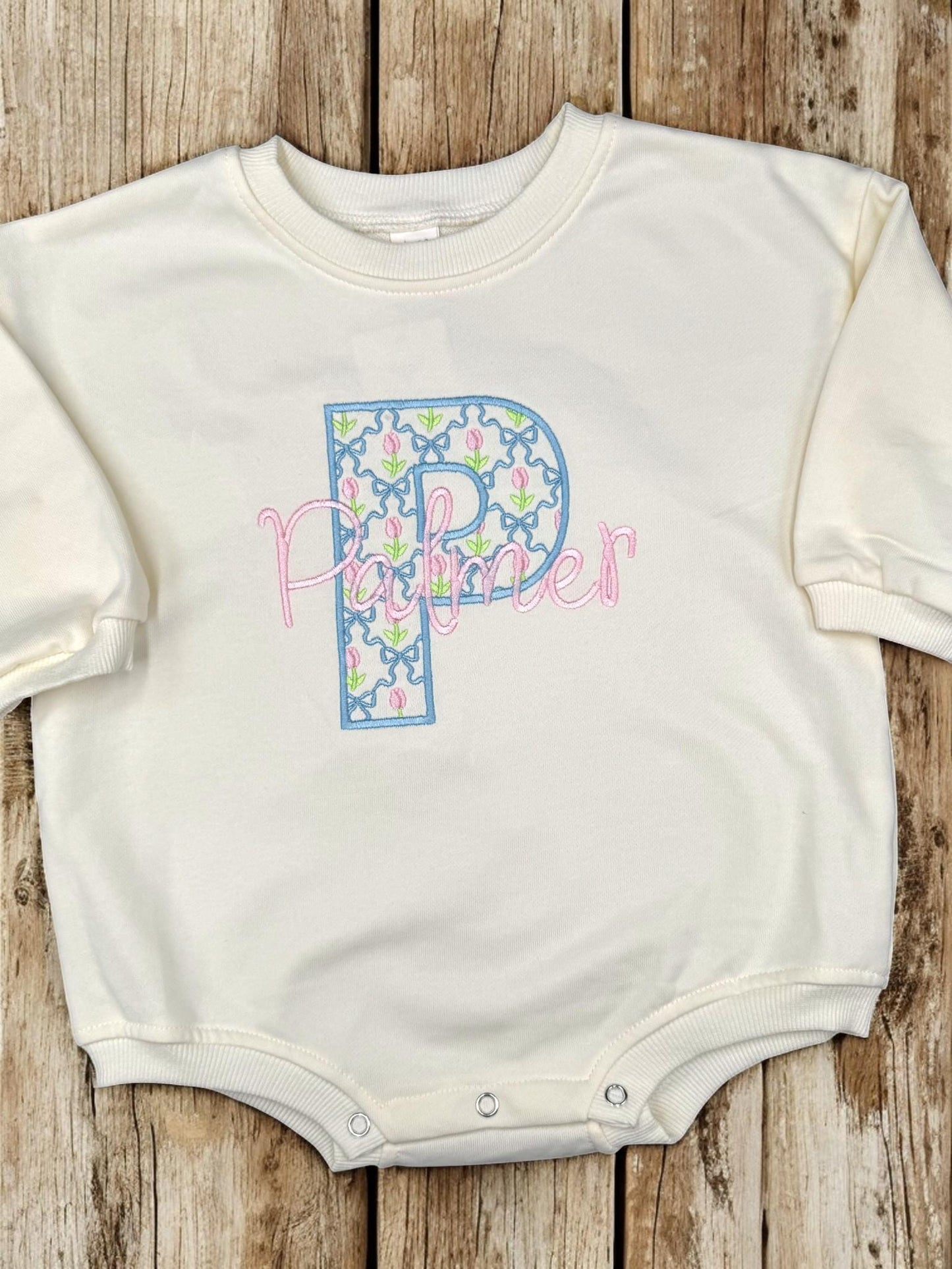 Personalized Embroidered Baby Girl Bubble Romper, Floral Initial Monogram