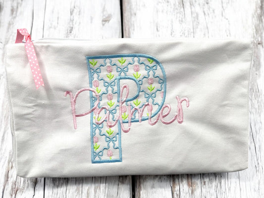 Embroidered Monogrammed Zipper Bag, Cosmetic Bag, Personalized Baby Gift,