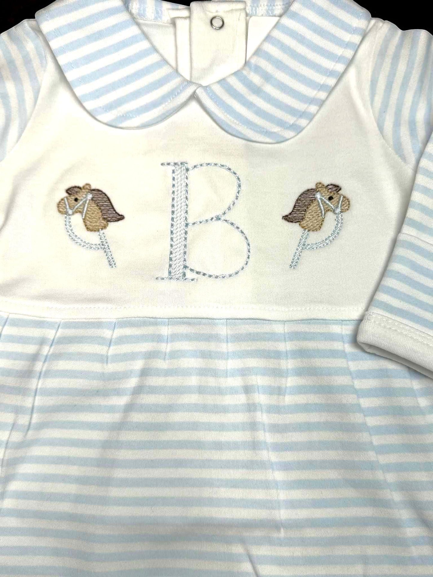 Personalized Baby Boy Romper, Blue Stripe, Stick Horse Embroidery