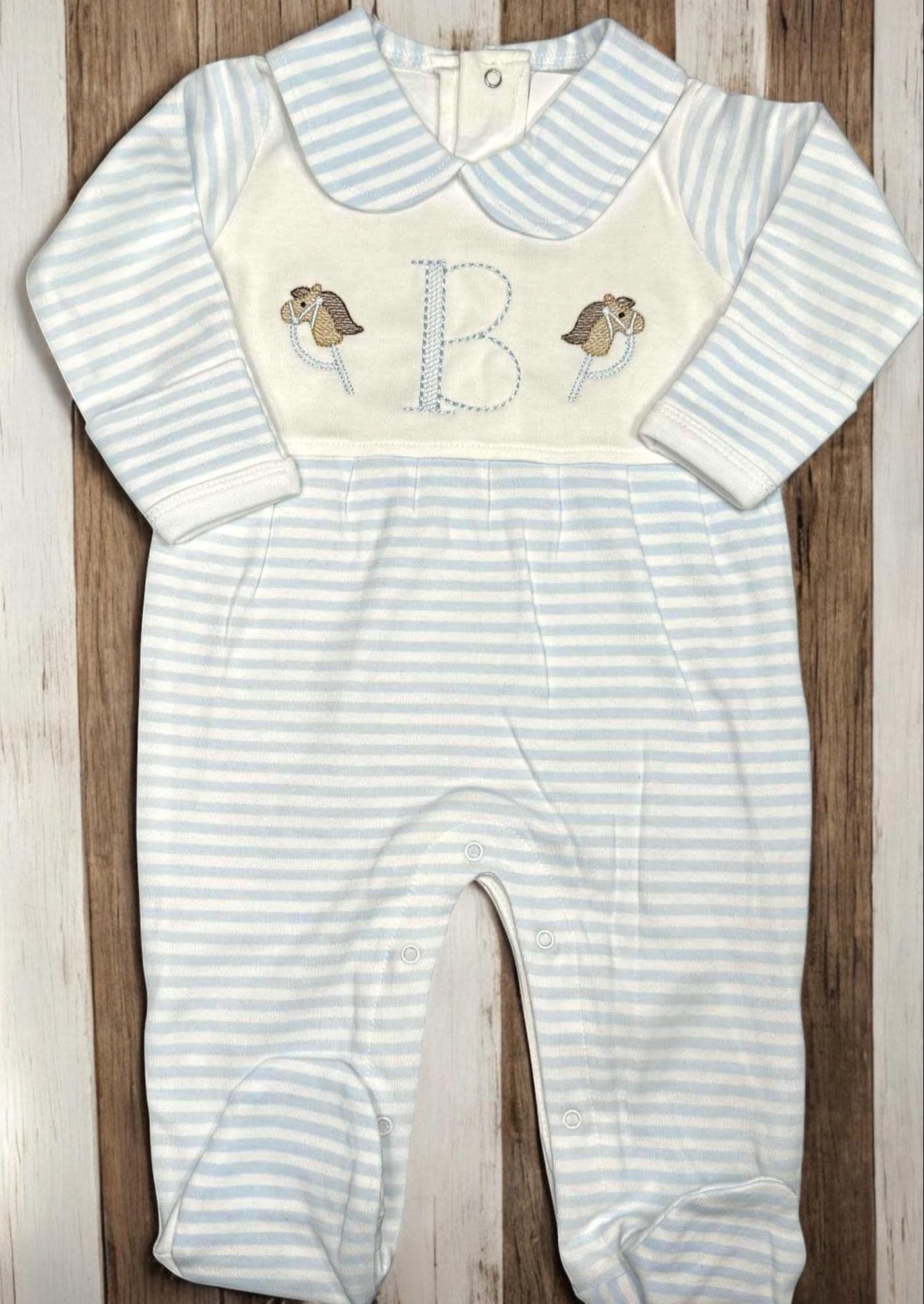 Personalized Baby Boy Romper, Blue Stripe, Stick Horse Embroidery